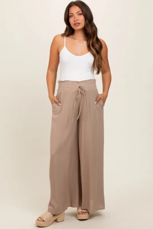 Taupe Wide Leg Smocked Lightweight Maternity Pants sold by Pinkblush