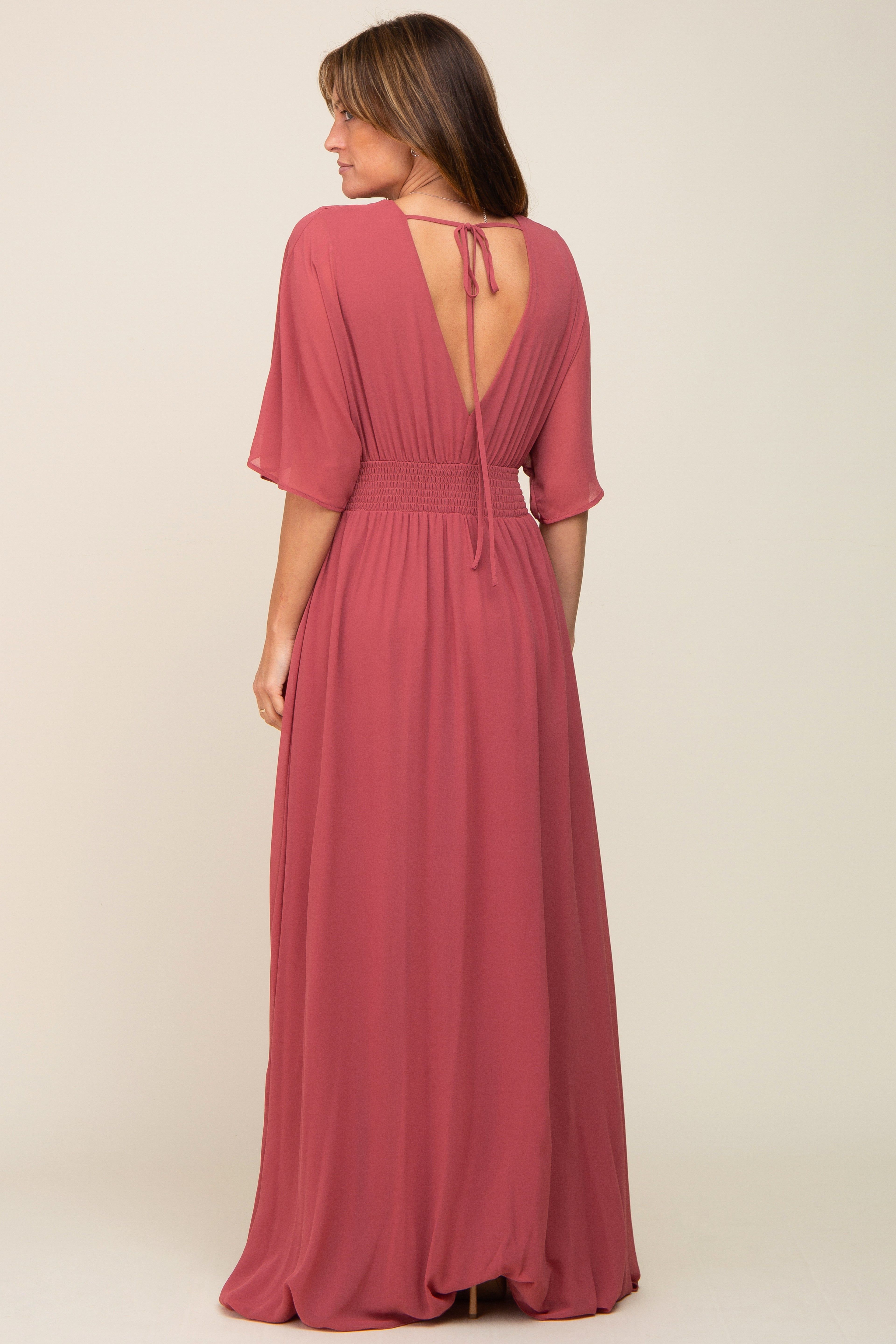 Mauve Chiffon V-Neck Smocked Waist Maxi Dress sold by Pinkblush product image thumbnail 3