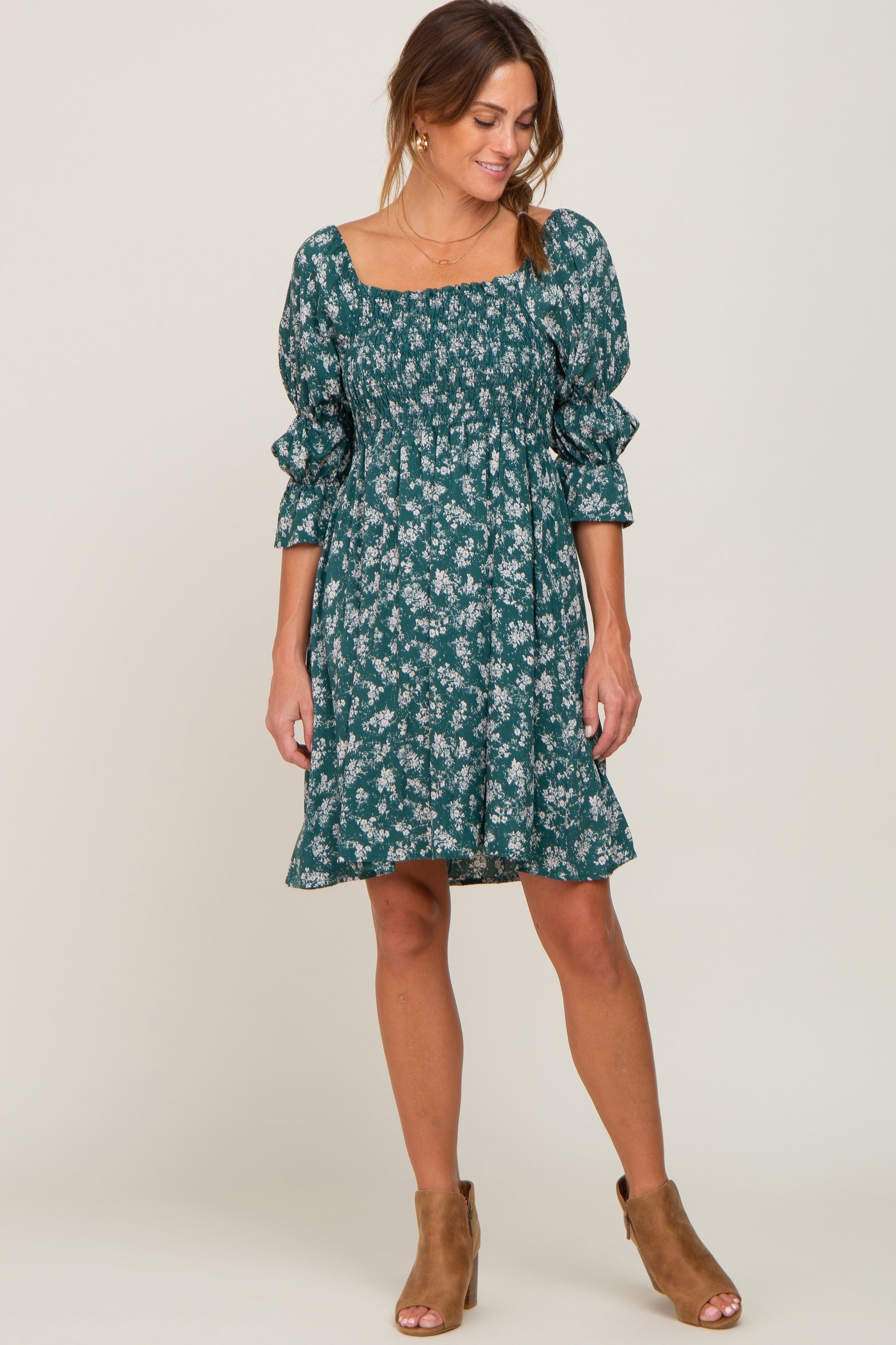 Forest Green Floral Ruffle Sleeve Smocked Dress sold by Pinkblush product image thumbnail 5