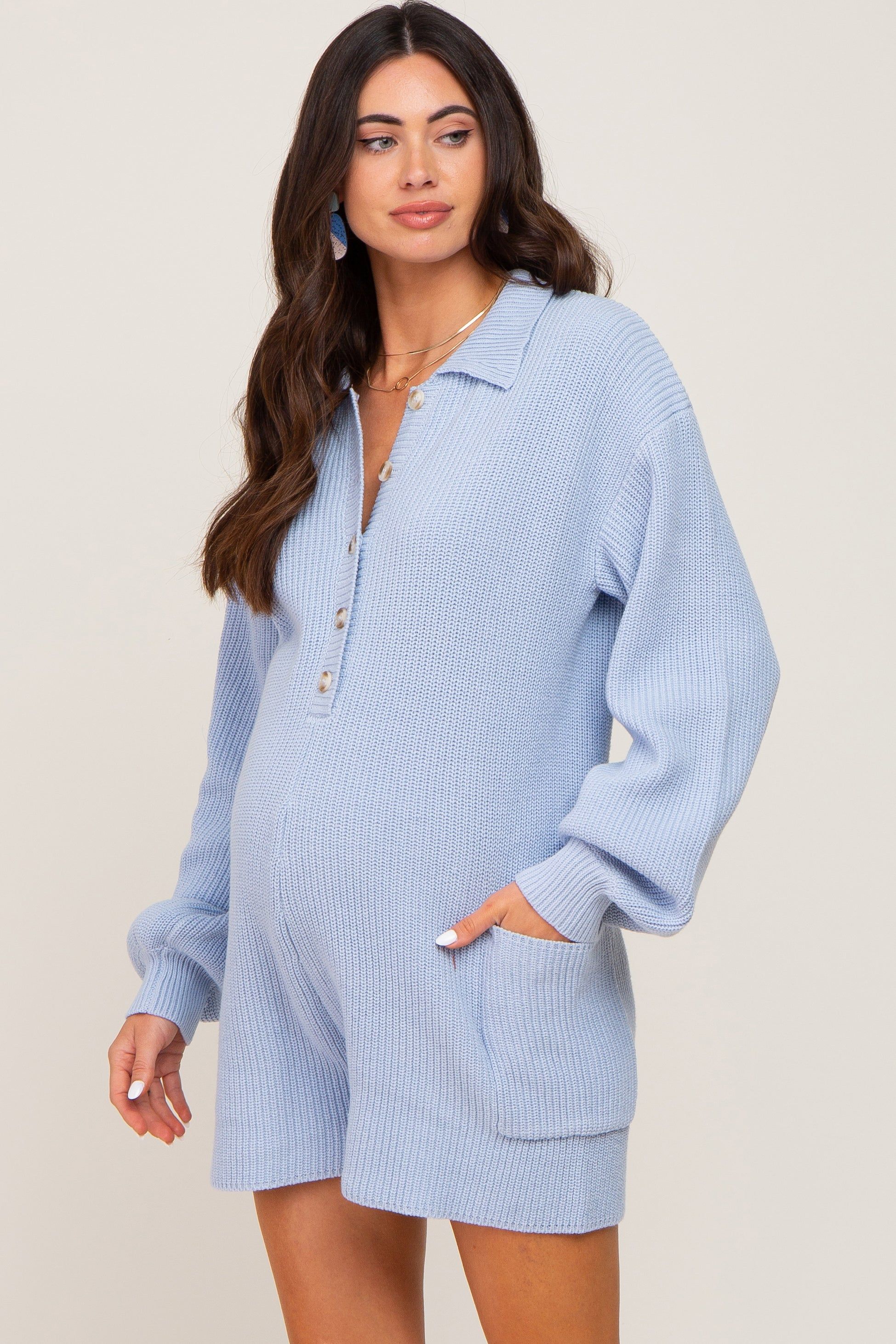 Light Blue Button Down Maternity Sweater Romper sold by Pinkblush