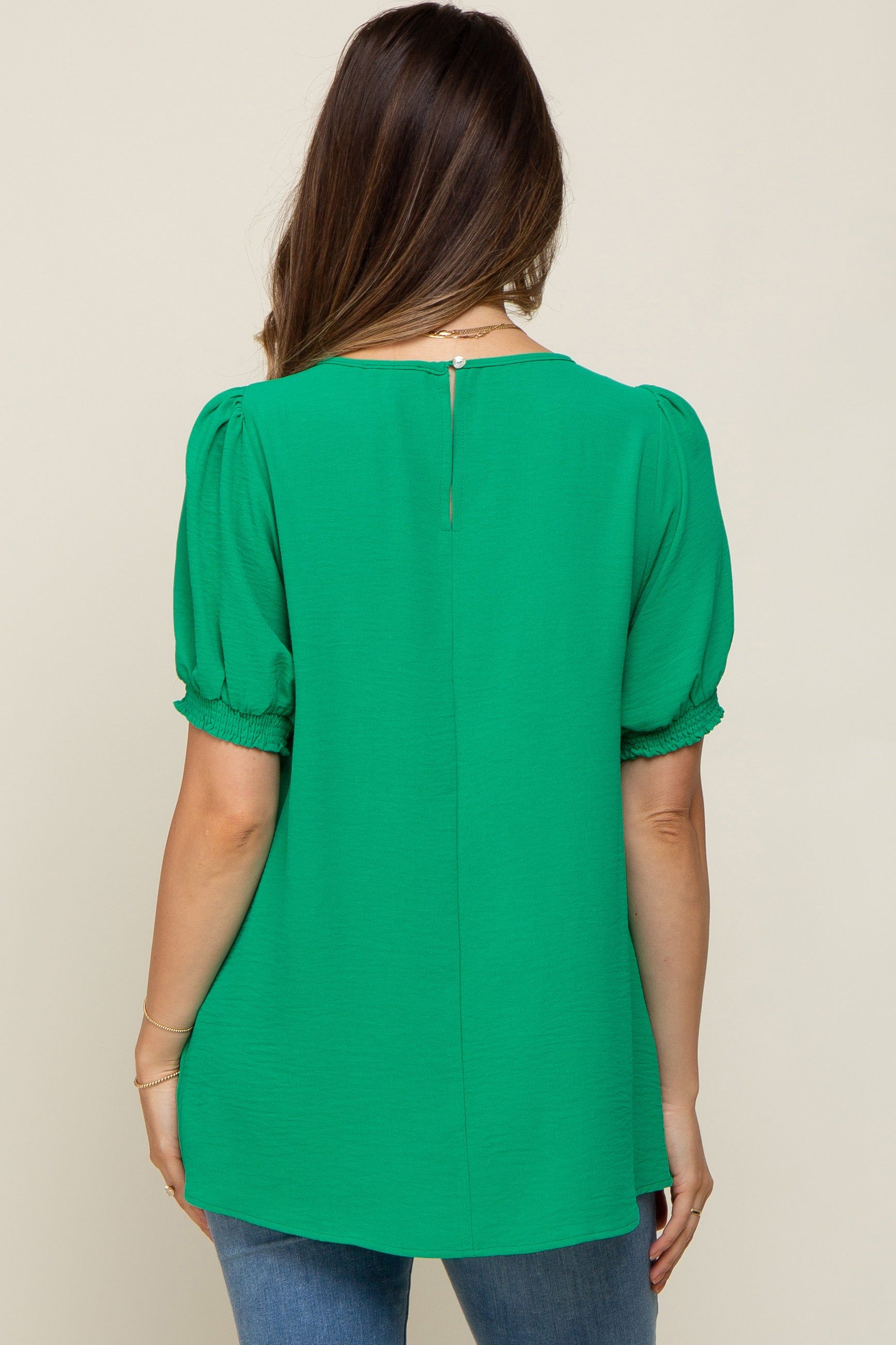Green Puff Sleeve Smocked Accent Maternity Top sold by Pinkblush product image thumbnail 3