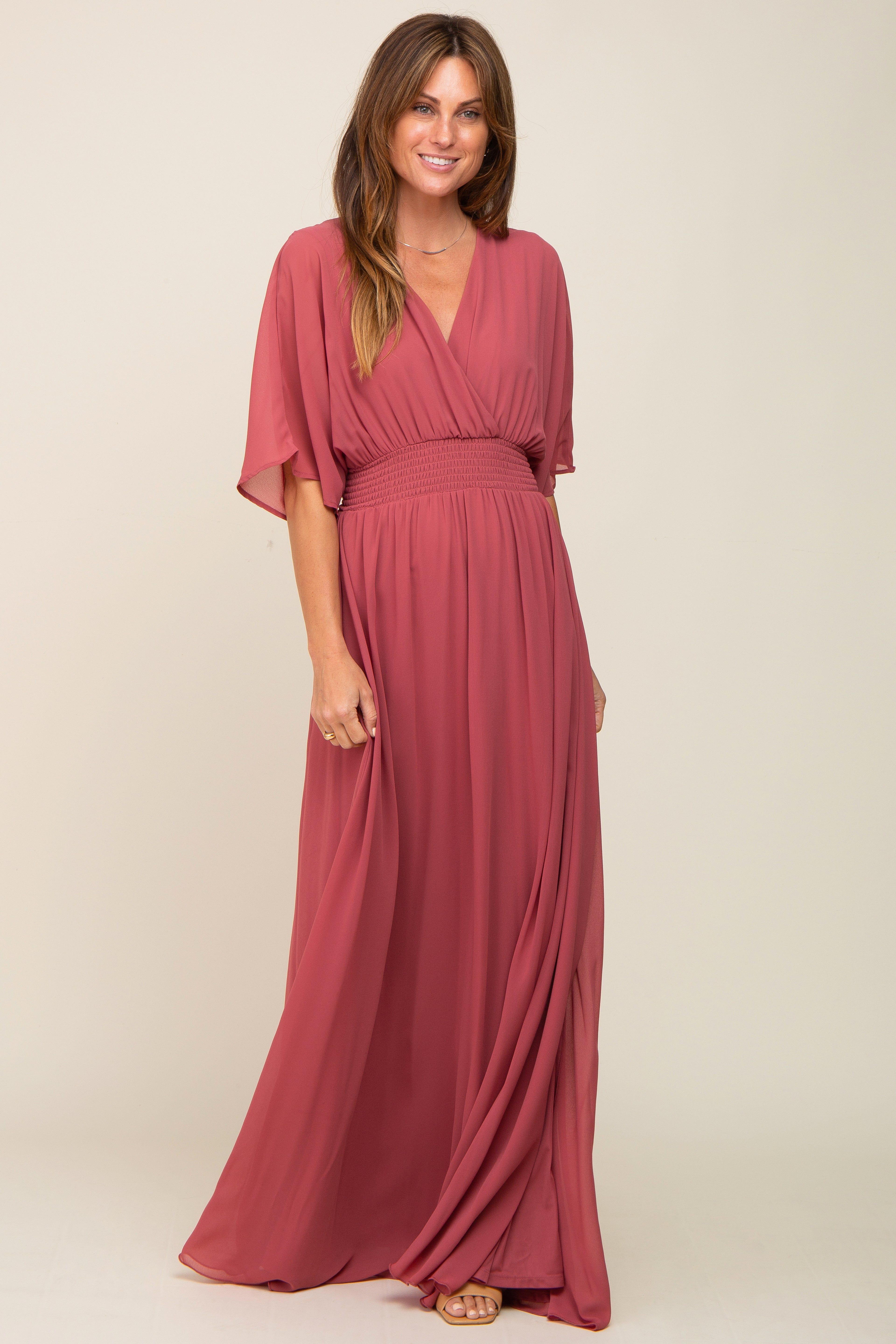 Mauve Chiffon V-Neck Smocked Waist Maxi Dress sold by Pinkblush product image thumbnail 4