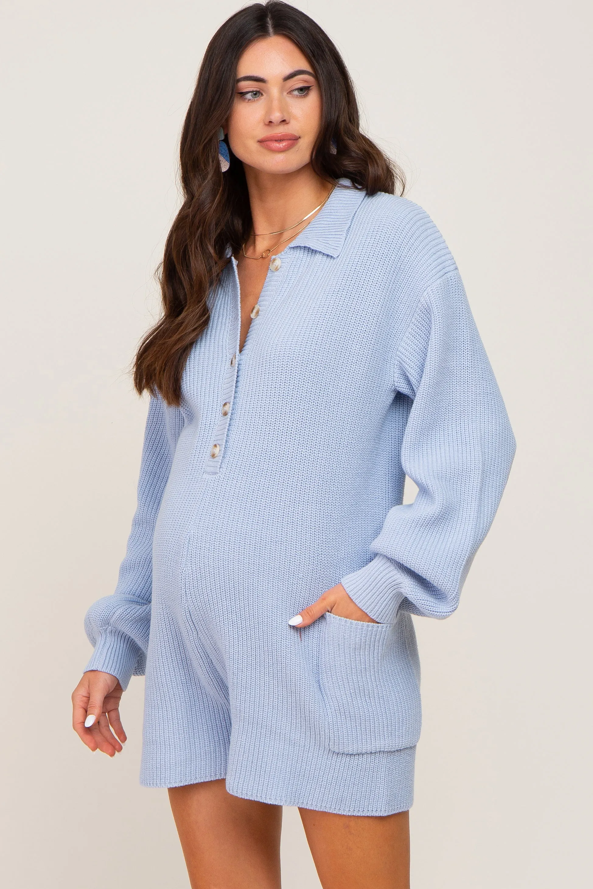 Light Blue Button Down Maternity Sweater Romper sold by Pinkblush