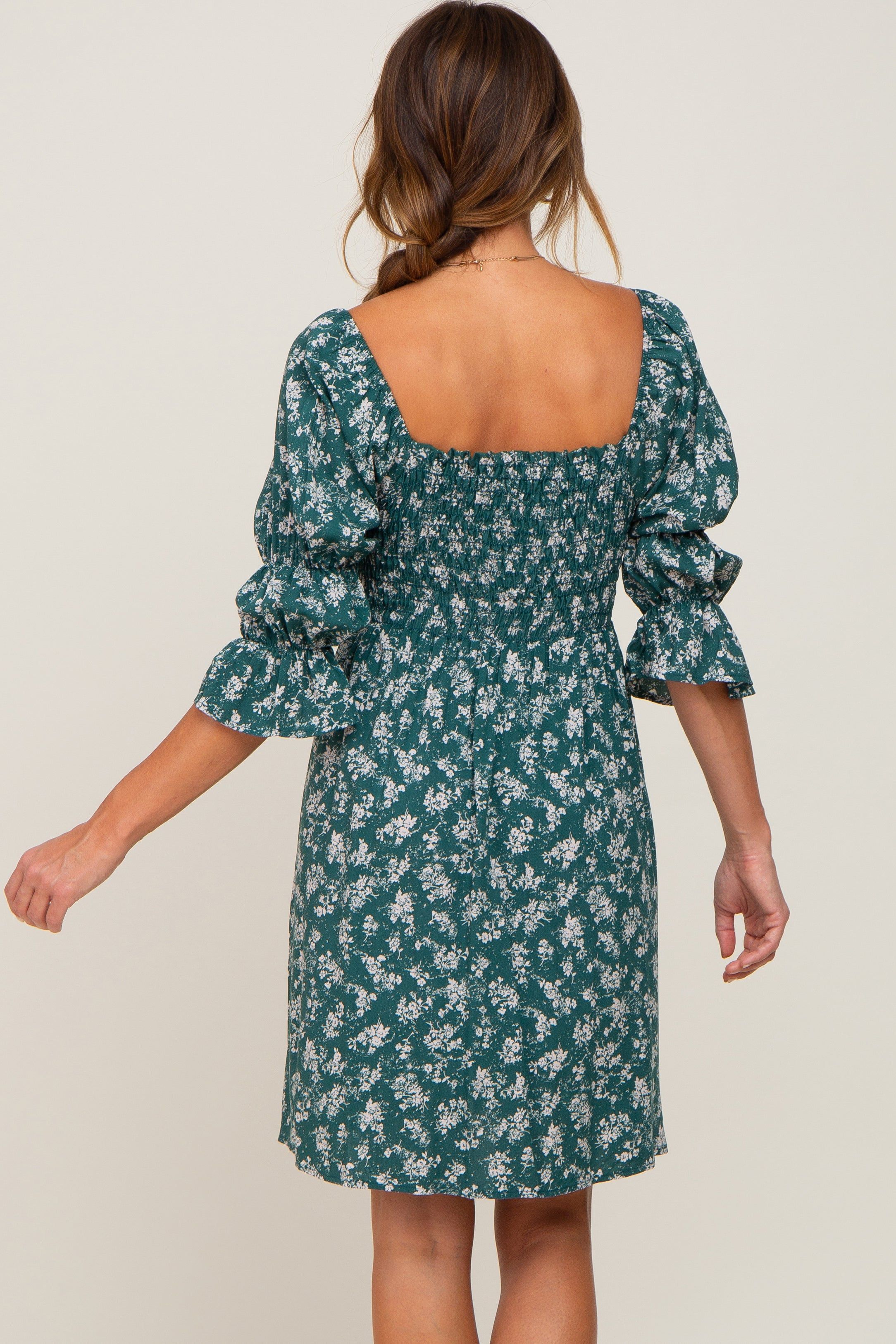 Forest Green Floral Ruffle Sleeve Smocked Dress sold by Pinkblush product image thumbnail 3