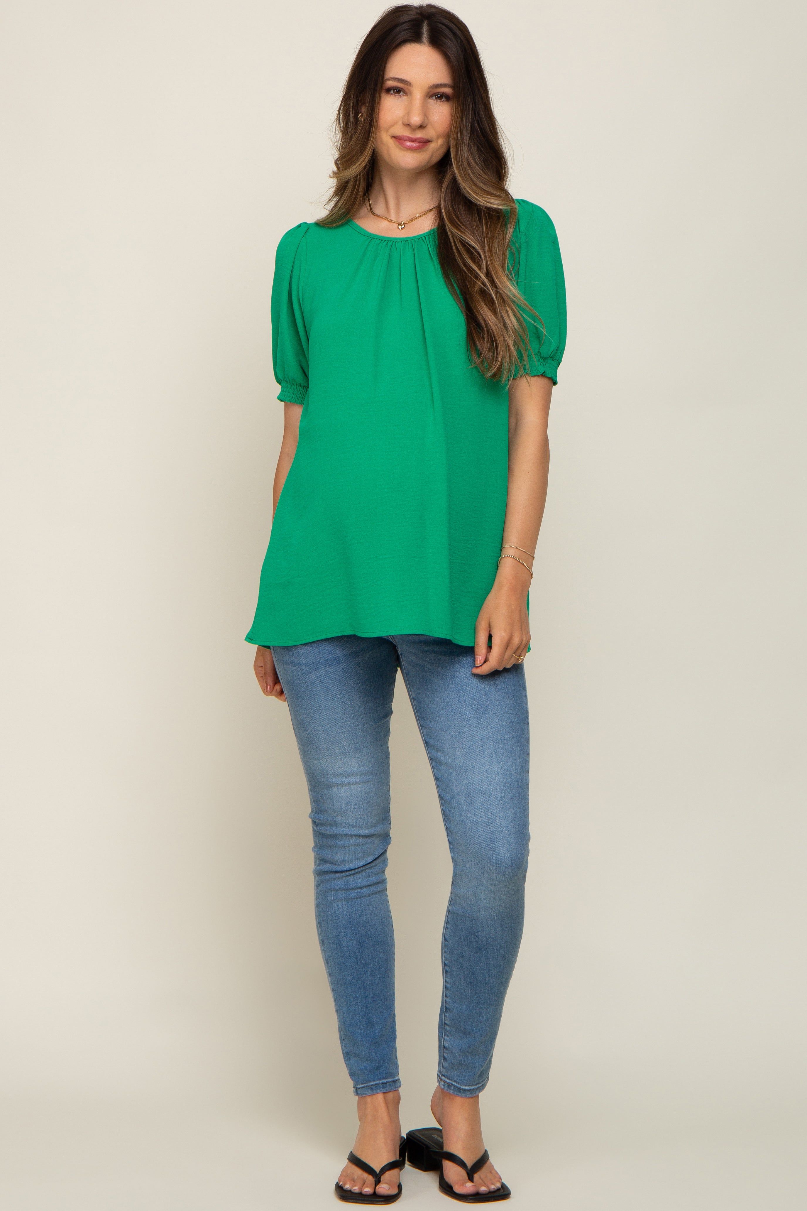 Green Puff Sleeve Smocked Accent Maternity Top sold by Pinkblush product image thumbnail 4