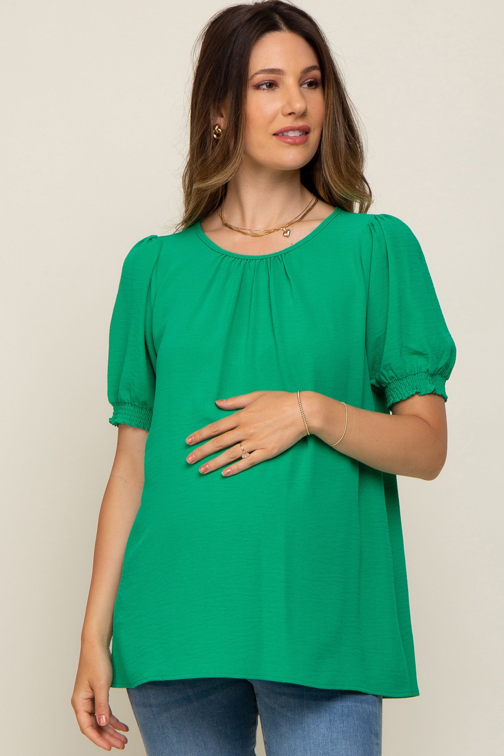 Green Puff Sleeve Smocked Accent Maternity Top sold by Pinkblush