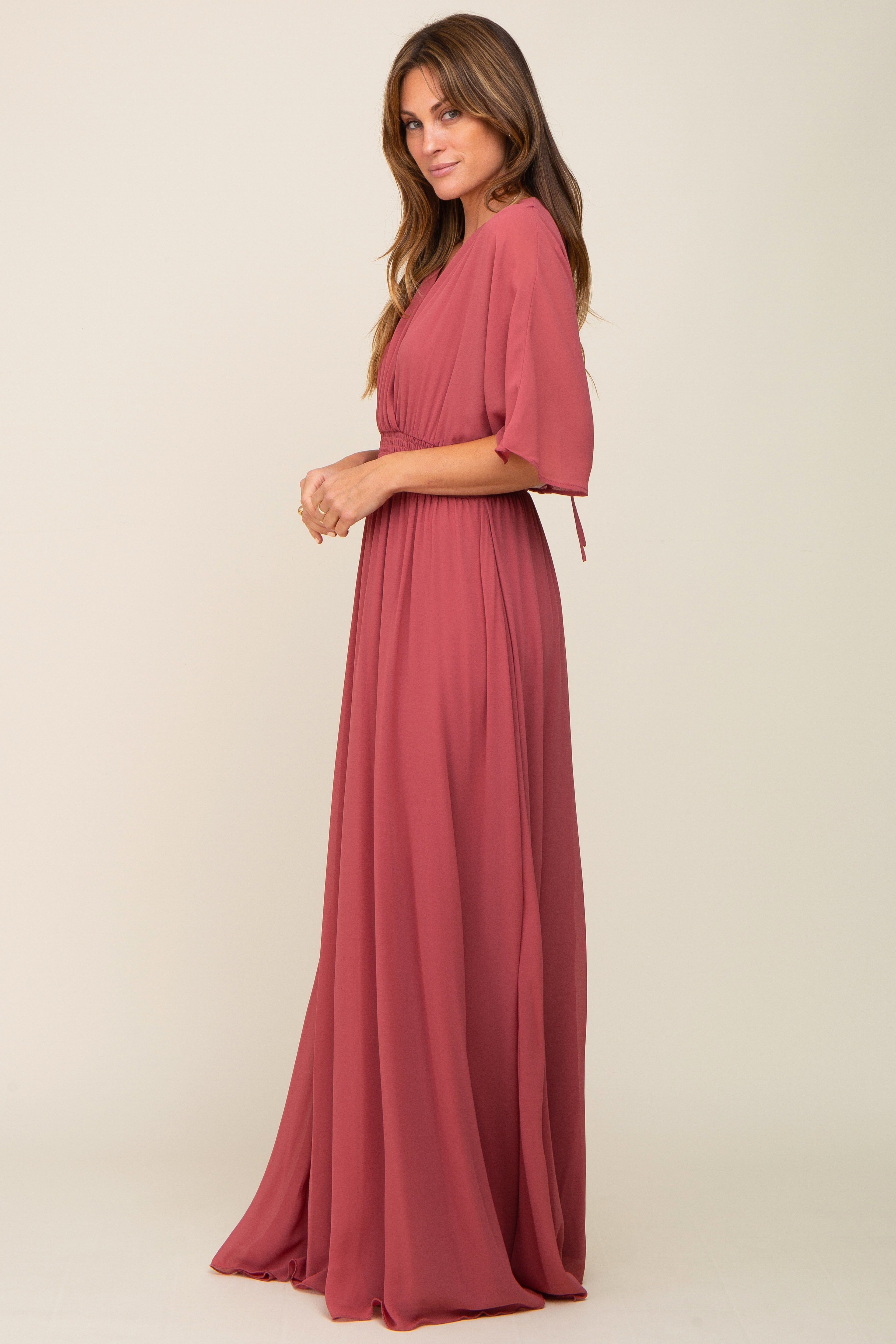 Mauve Chiffon V-Neck Smocked Waist Maxi Dress sold by Pinkblush product image thumbnail 2