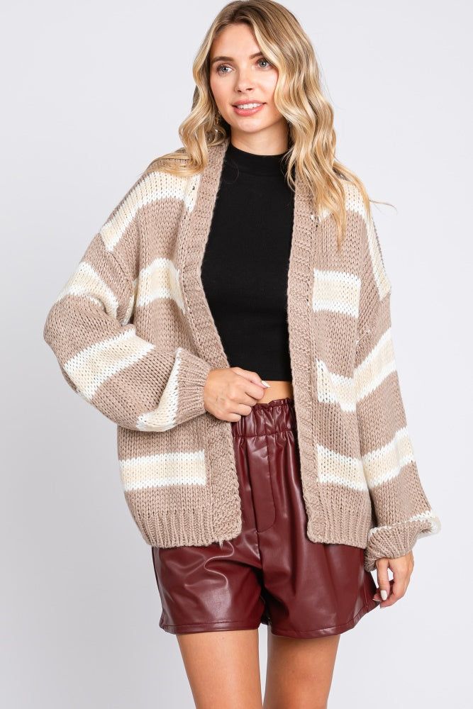 Taupe Striped Open Knit Cardigan sold by Pinkblush