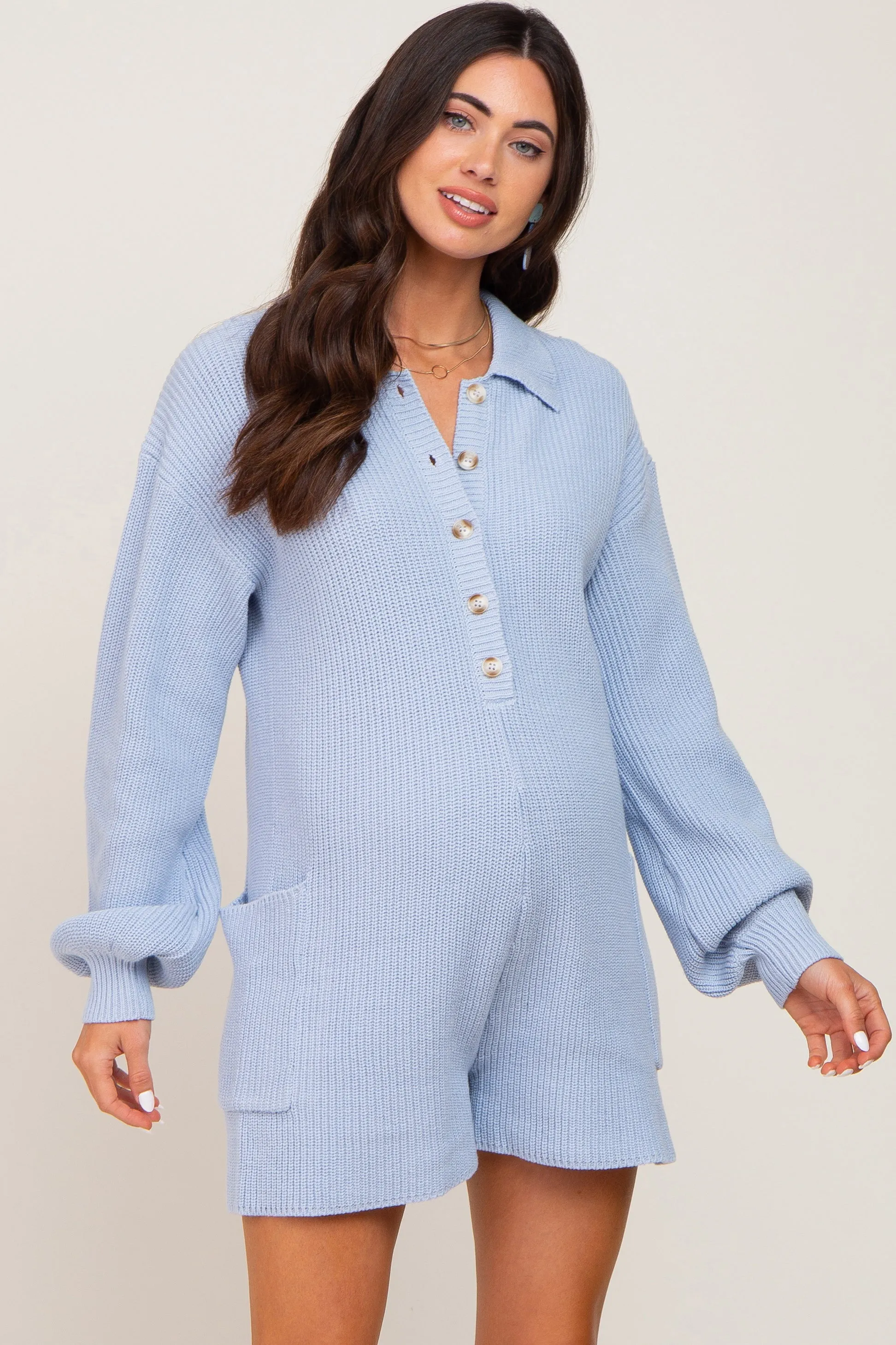 Light Blue Button Down Maternity Sweater Romper sold by Pinkblush product image thumbnail 2