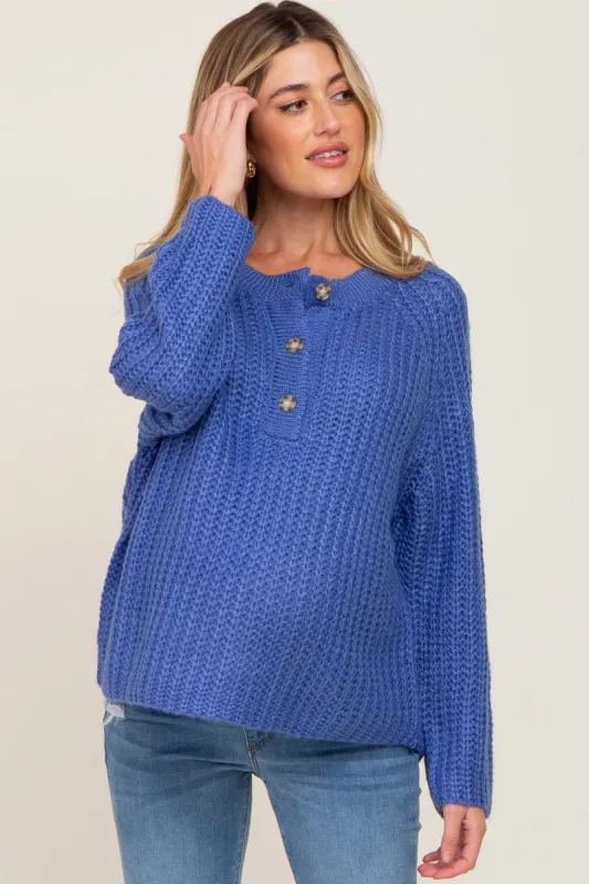 Blue Open Knit Button Front Maternity Sweater sold by Pinkblush