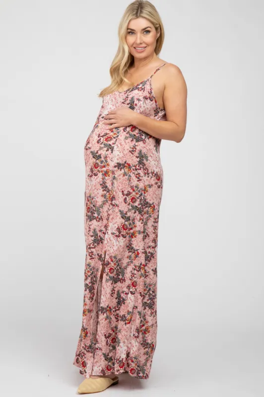 Pink Floral Paisely Side Slit Maternity Maxi Dress sold by Pinkblush
