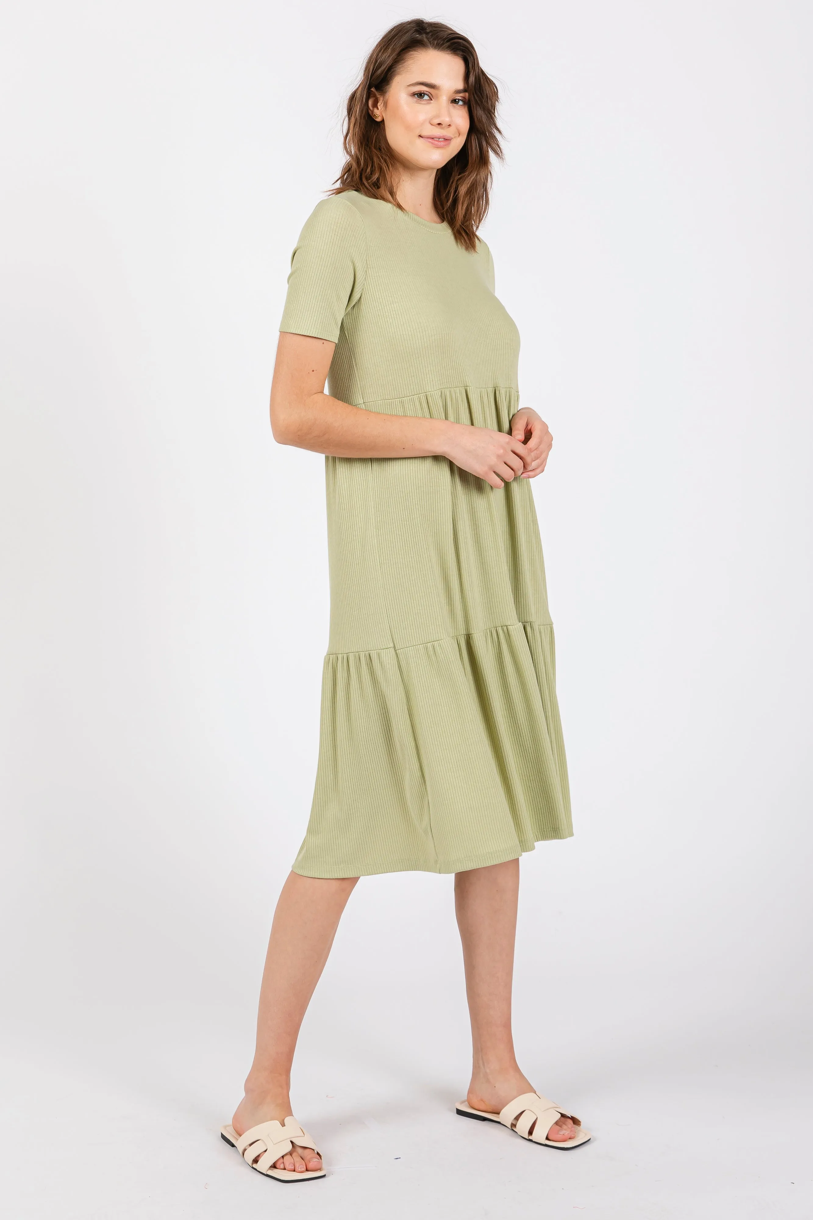 Light Olive Ribbed Tiered Midi Dress sold by Pinkblush product image thumbnail 2