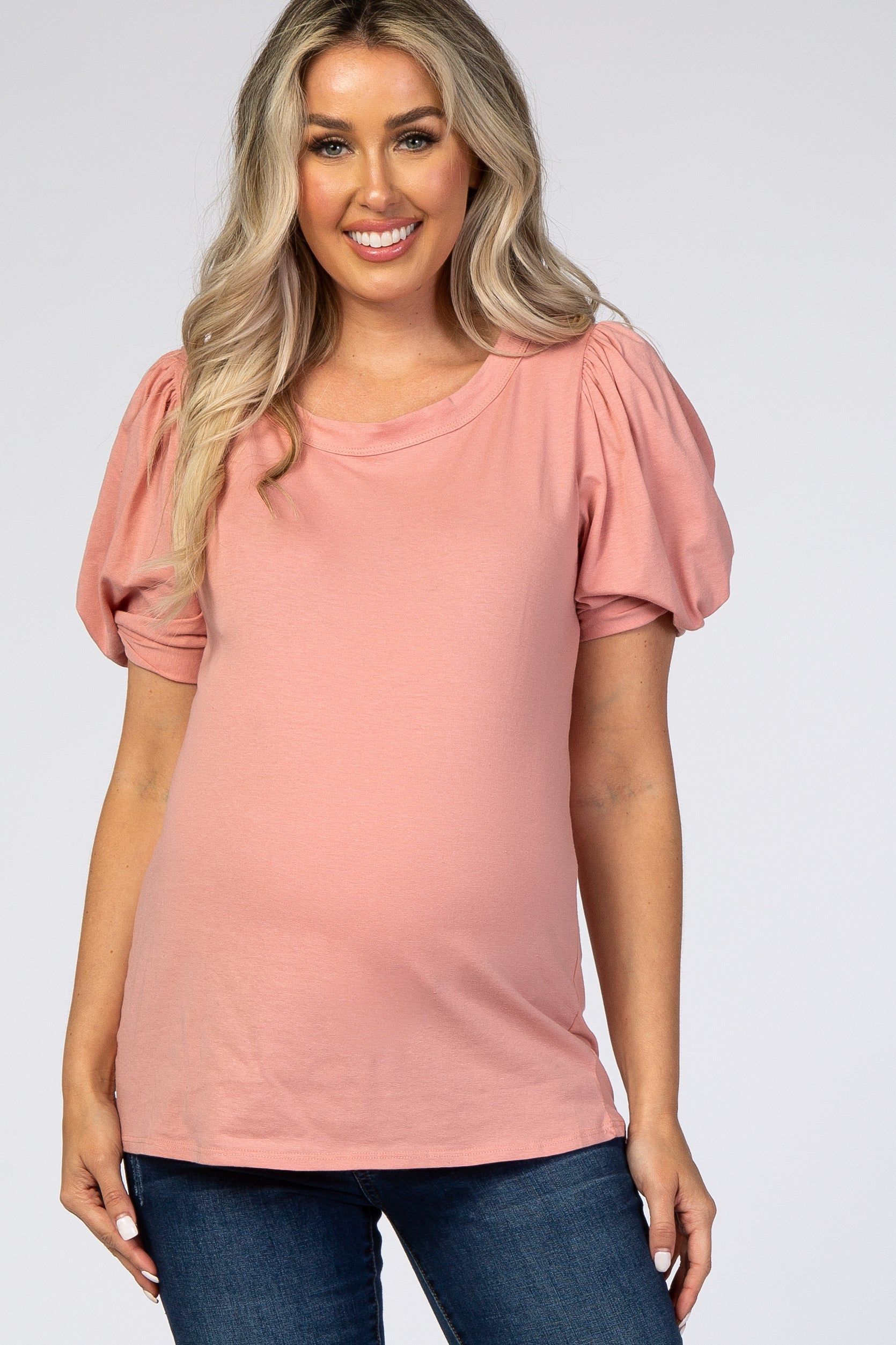 Mauve Puff Sleeve Maternity Top sold by Pinkblush