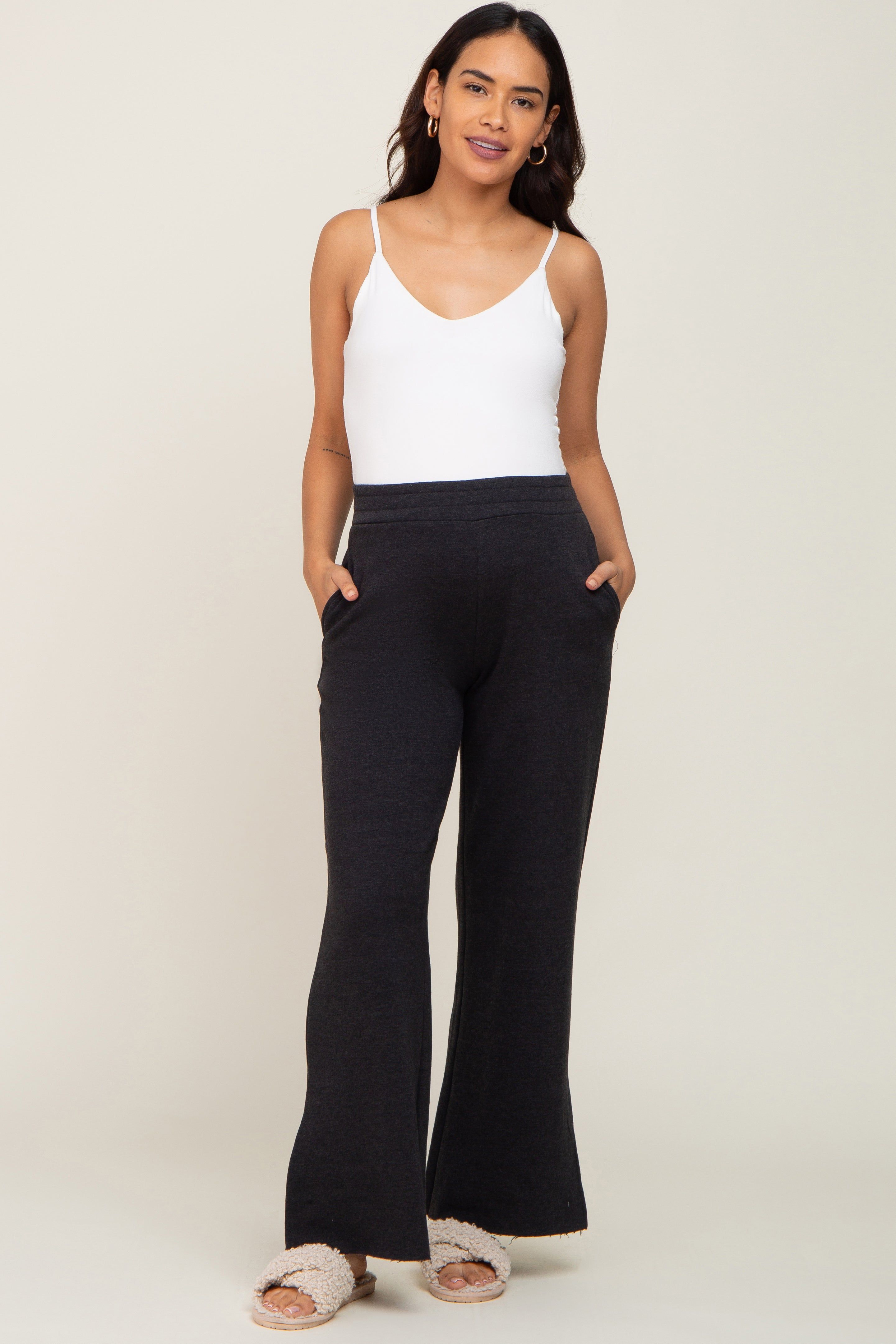 Black Soft Wide Leg Side Slit Maternity Sweatpants sold by Pinkblush