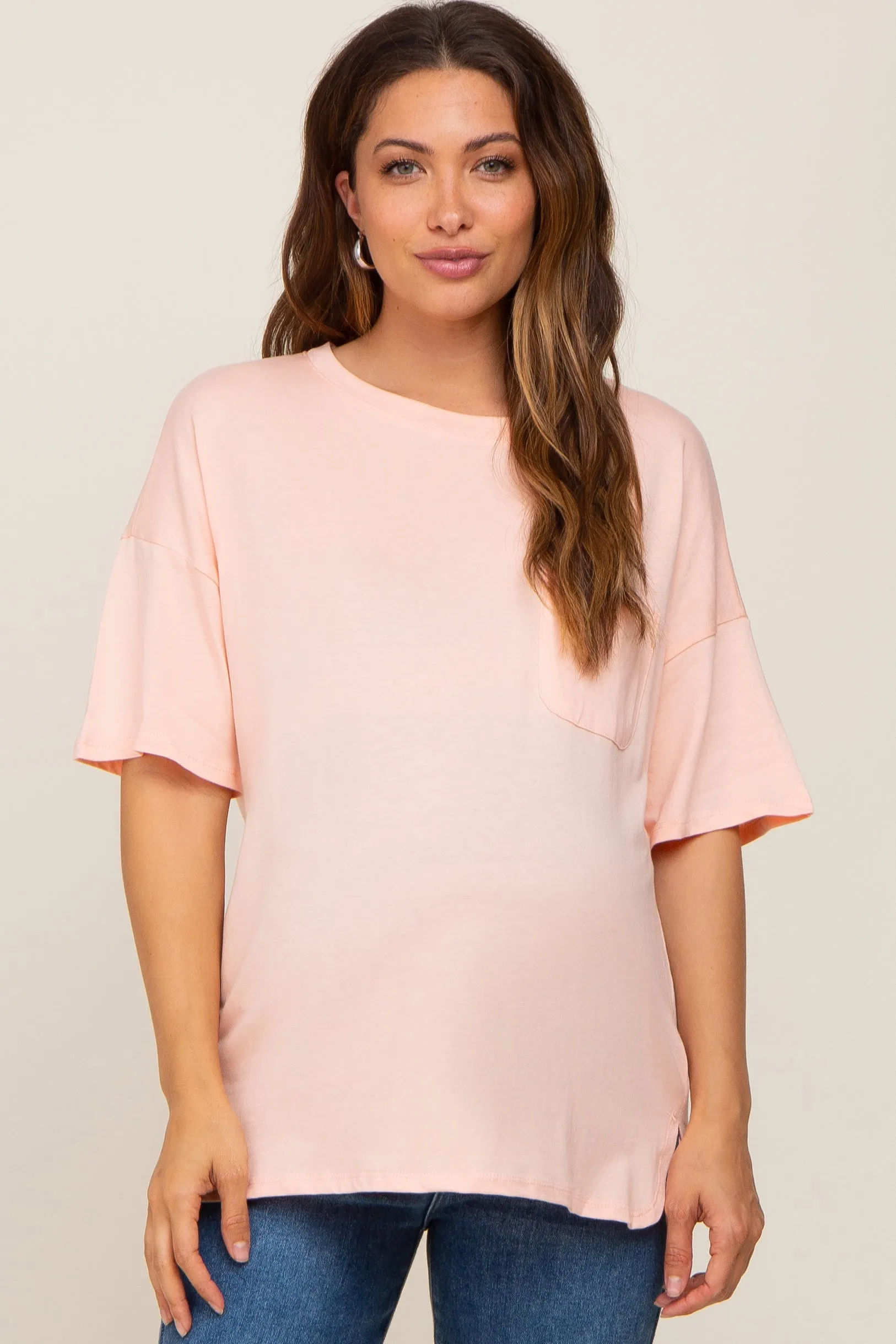 Peach Short Sleeve Pocketed Maternity Top sold by Pinkblush