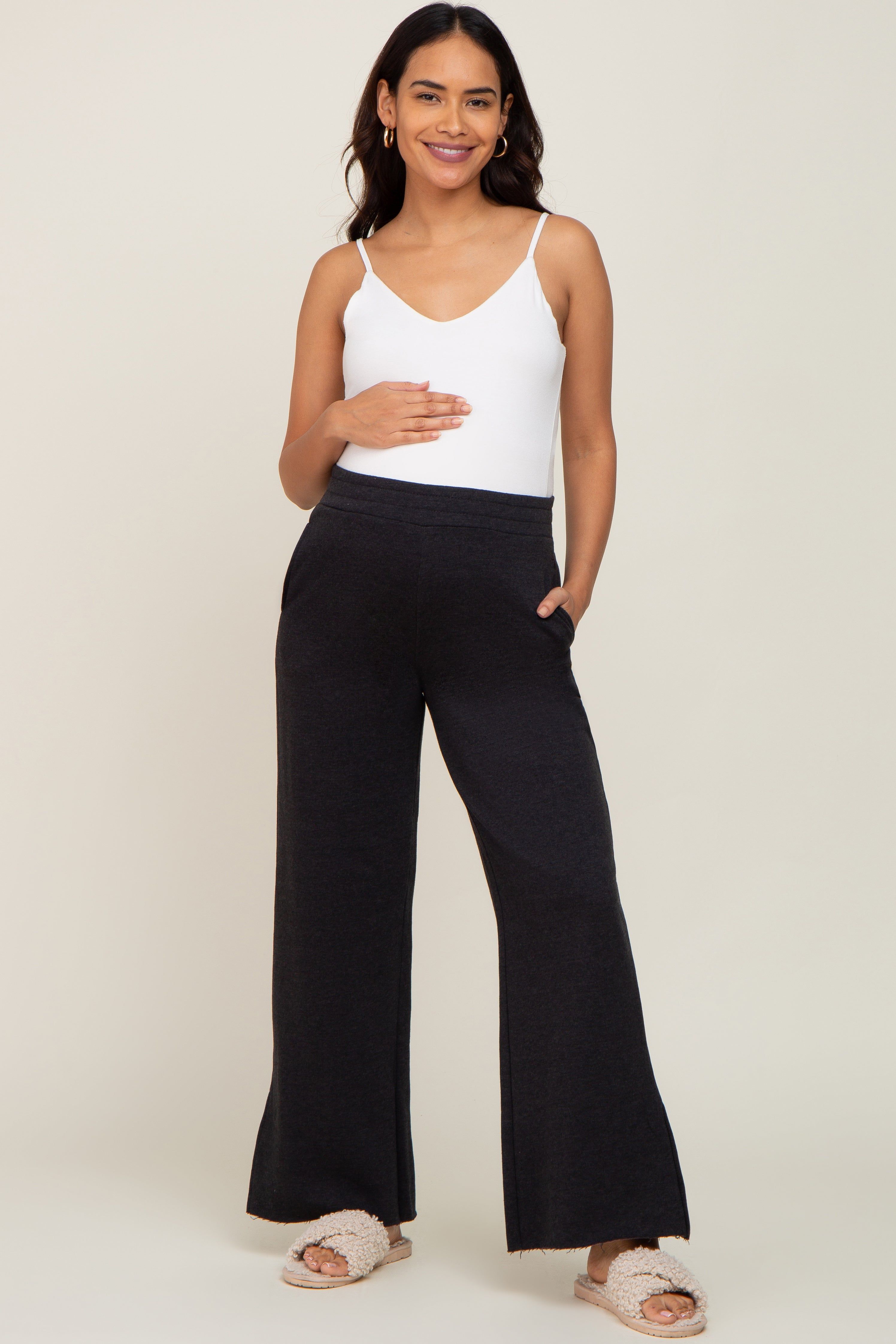 Black Soft Wide Leg Side Slit Maternity Sweatpants sold by Pinkblush product image thumbnail 5