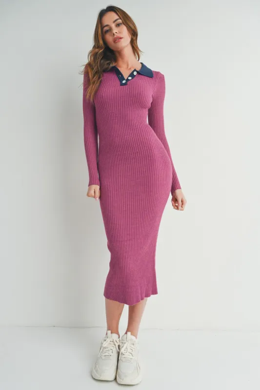 Magenta Collared Button Front Long Sleeve Midi Sweater Dress sold by Pinkblush