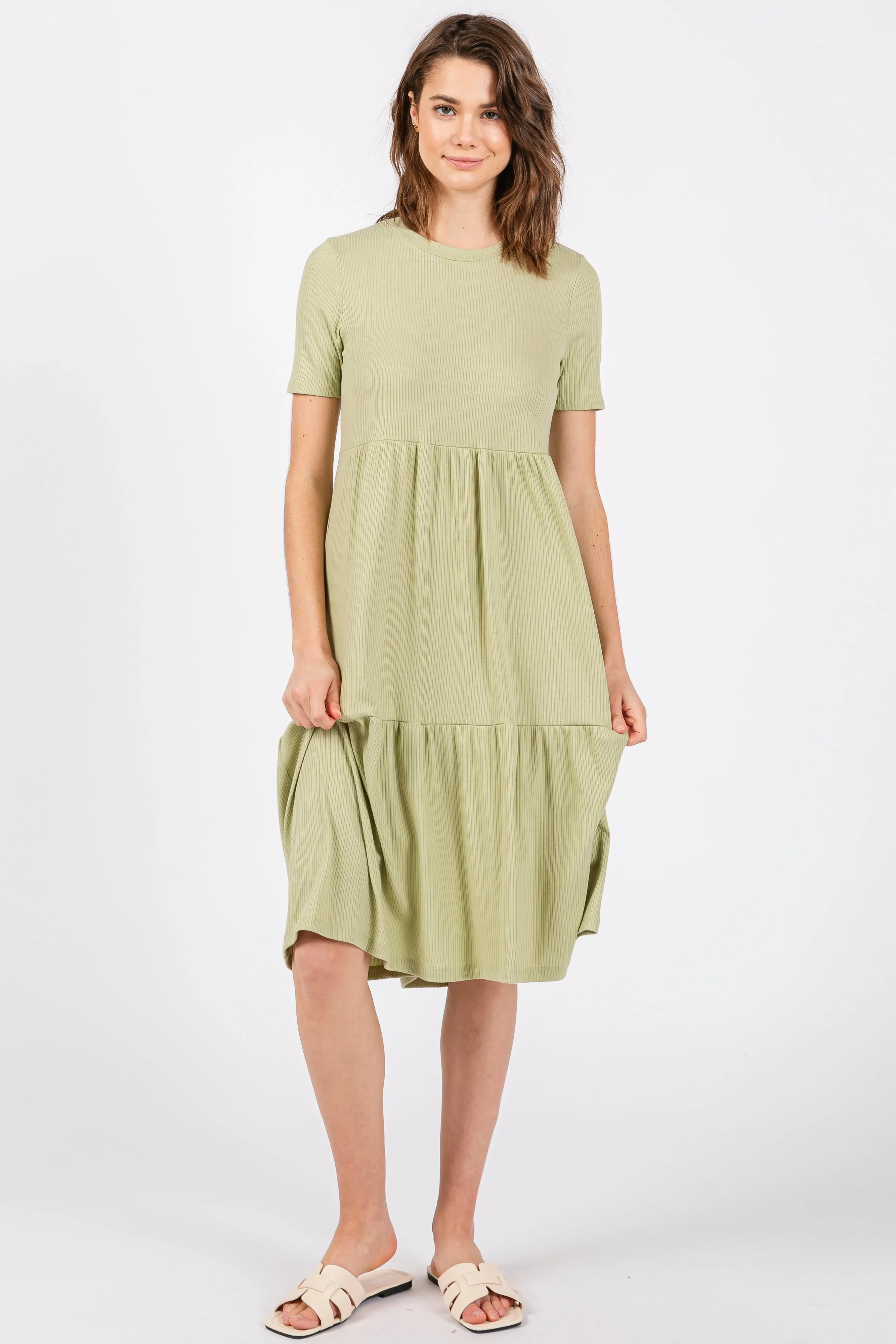 Light Olive Ribbed Tiered Midi Dress sold by Pinkblush