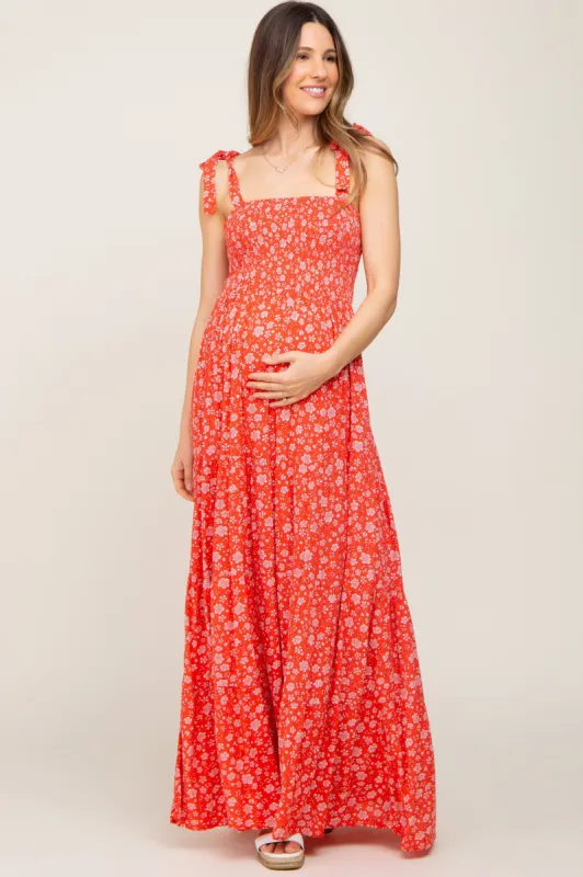 Coral Floral Square Neck Smocked Tiered Maternity Maxi Dress sold by Pinkblush