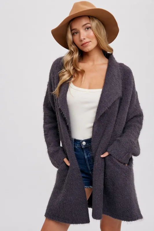 Charcoal Fuzzy Knit Draped Cardigan sold by Pinkblush