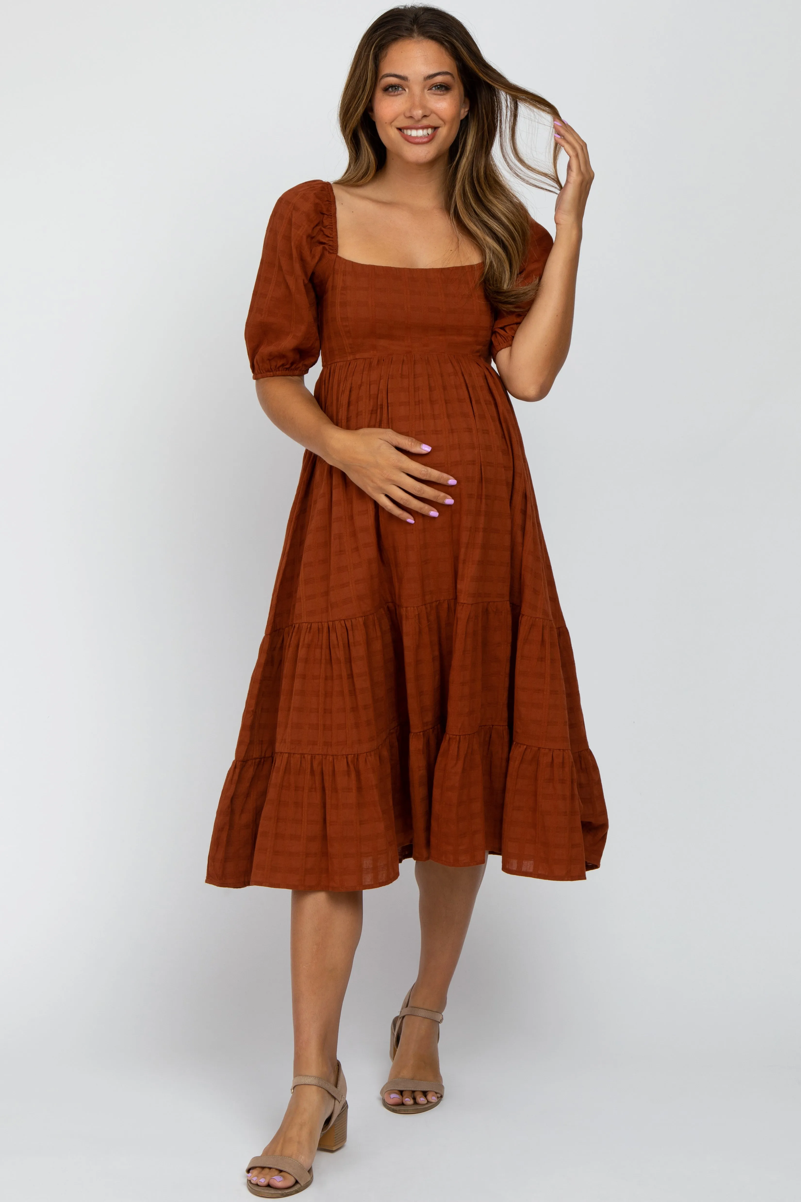 Rust Plaid Square Neck Maternity Midi Dress sold by Pinkblush