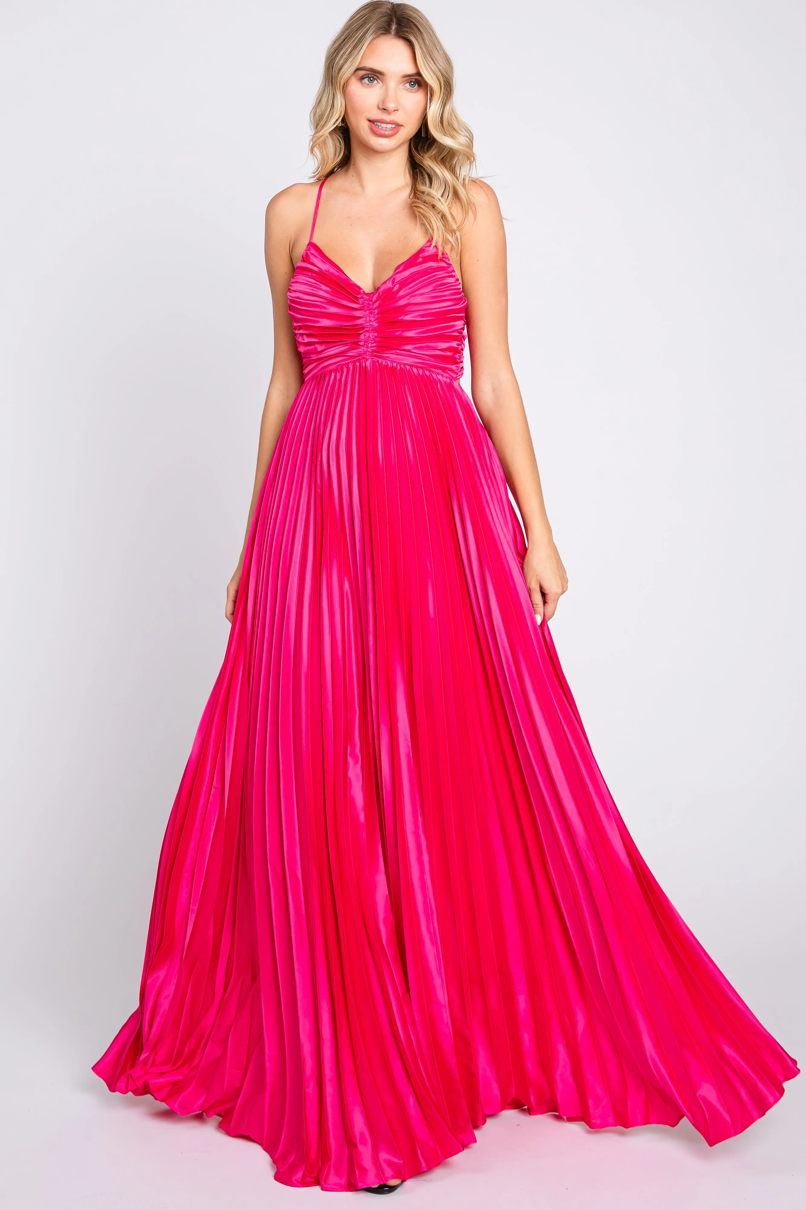 Fuchsia Satin Pleated Cutout Gown sold by Pinkblush