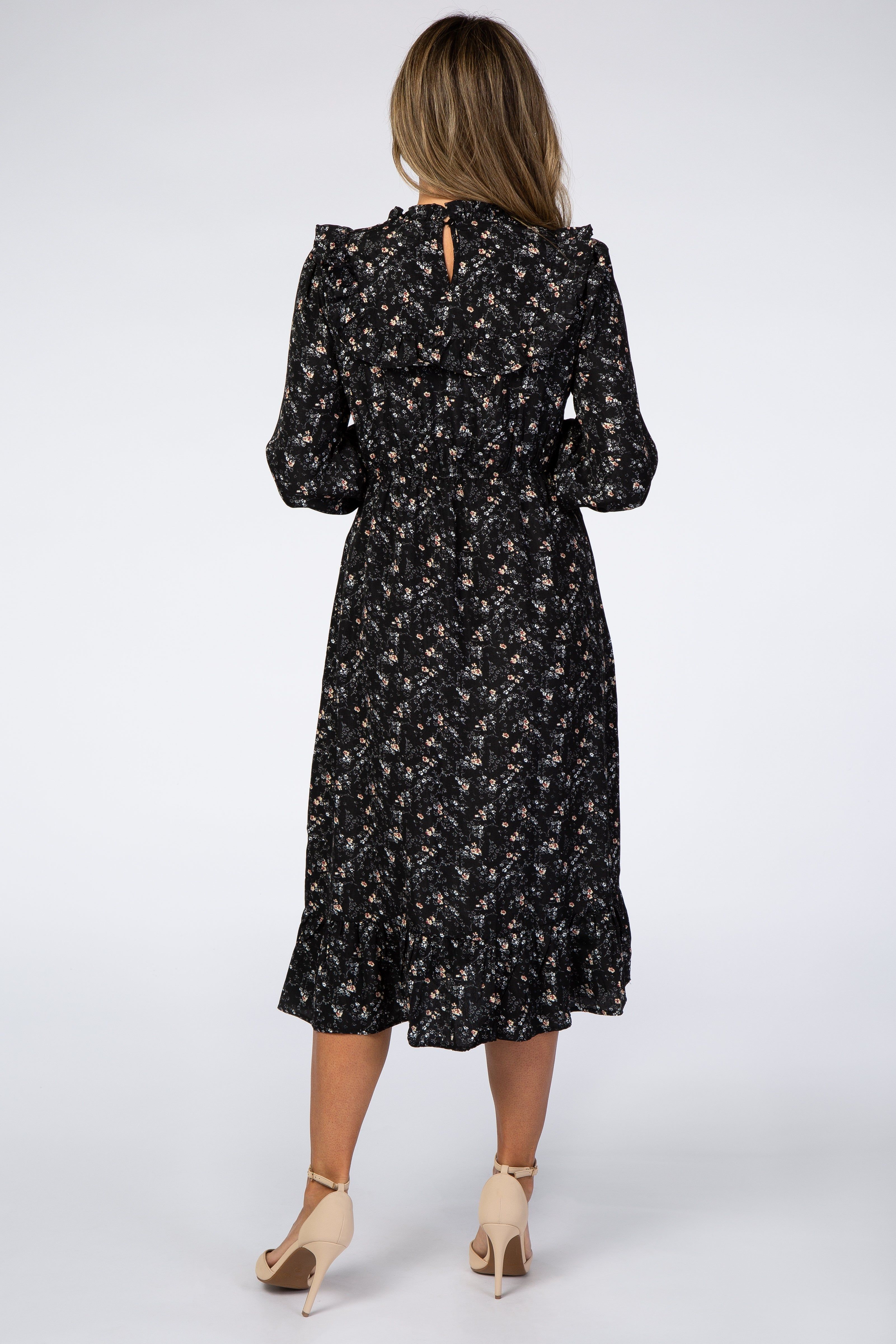 Black Floral Ruffle Long Sleeve Midi Dress sold by Pinkblush product image thumbnail 3