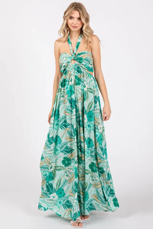 Light Blue Tropical Print Cutout Halter Neck Maxi Dress sold by Pinkblush