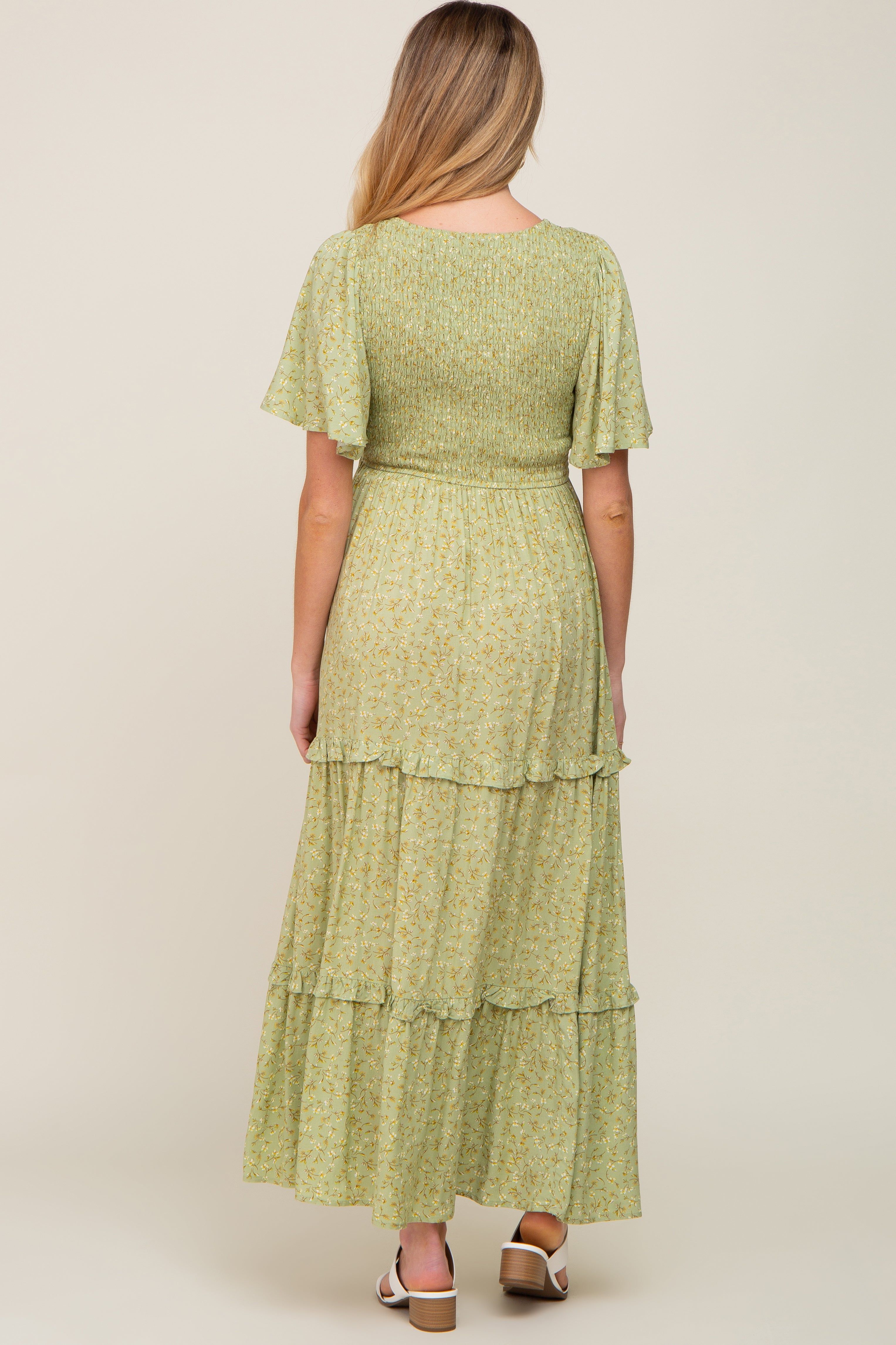 Sage Floral Ruffle Accent Tiered Maternity Midi Dress sold by Pinkblush product image thumbnail 3