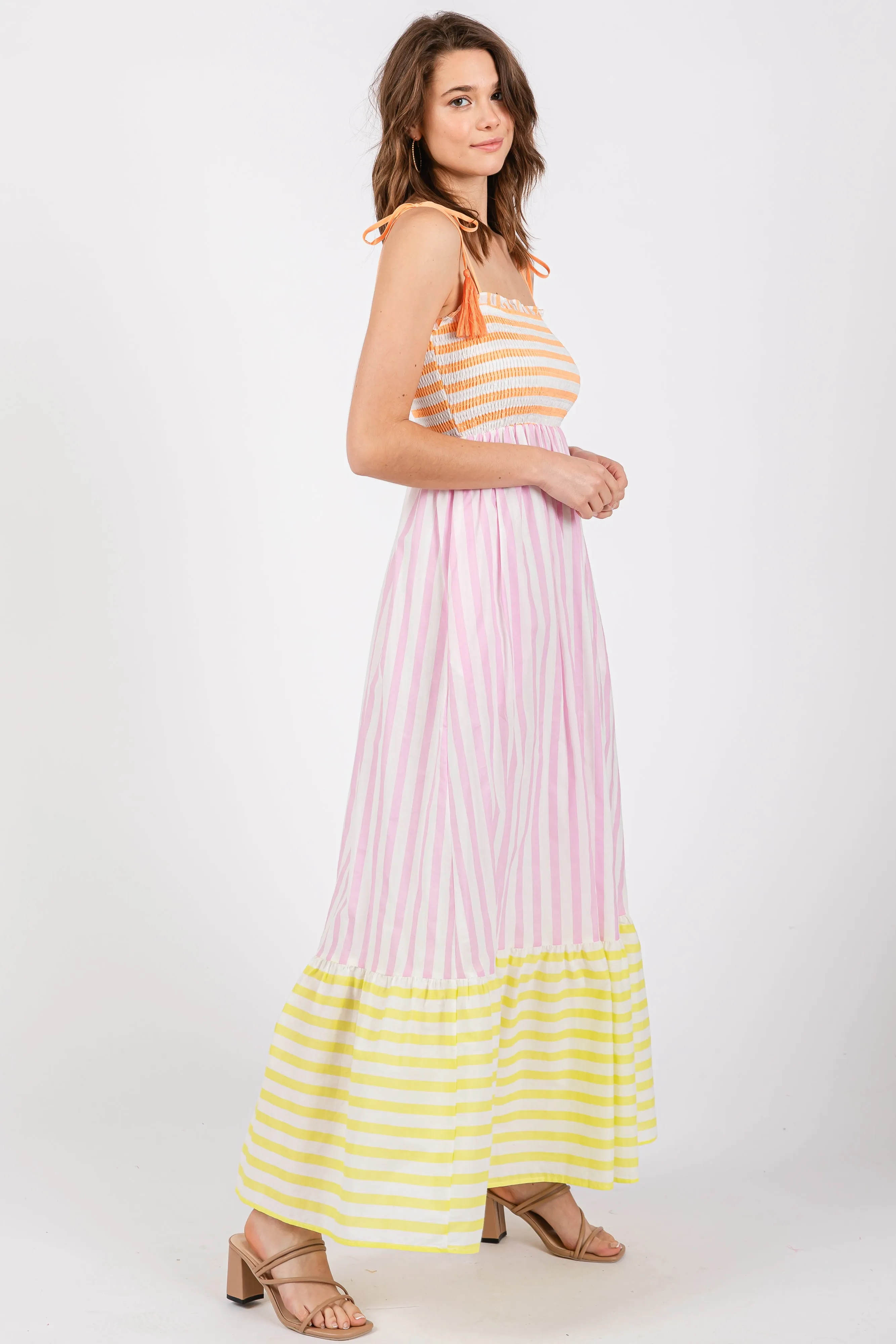 Multi-Color Striped Color Block Shoulder Tie Maxi Dress sold by Pinkblush product image thumbnail 2