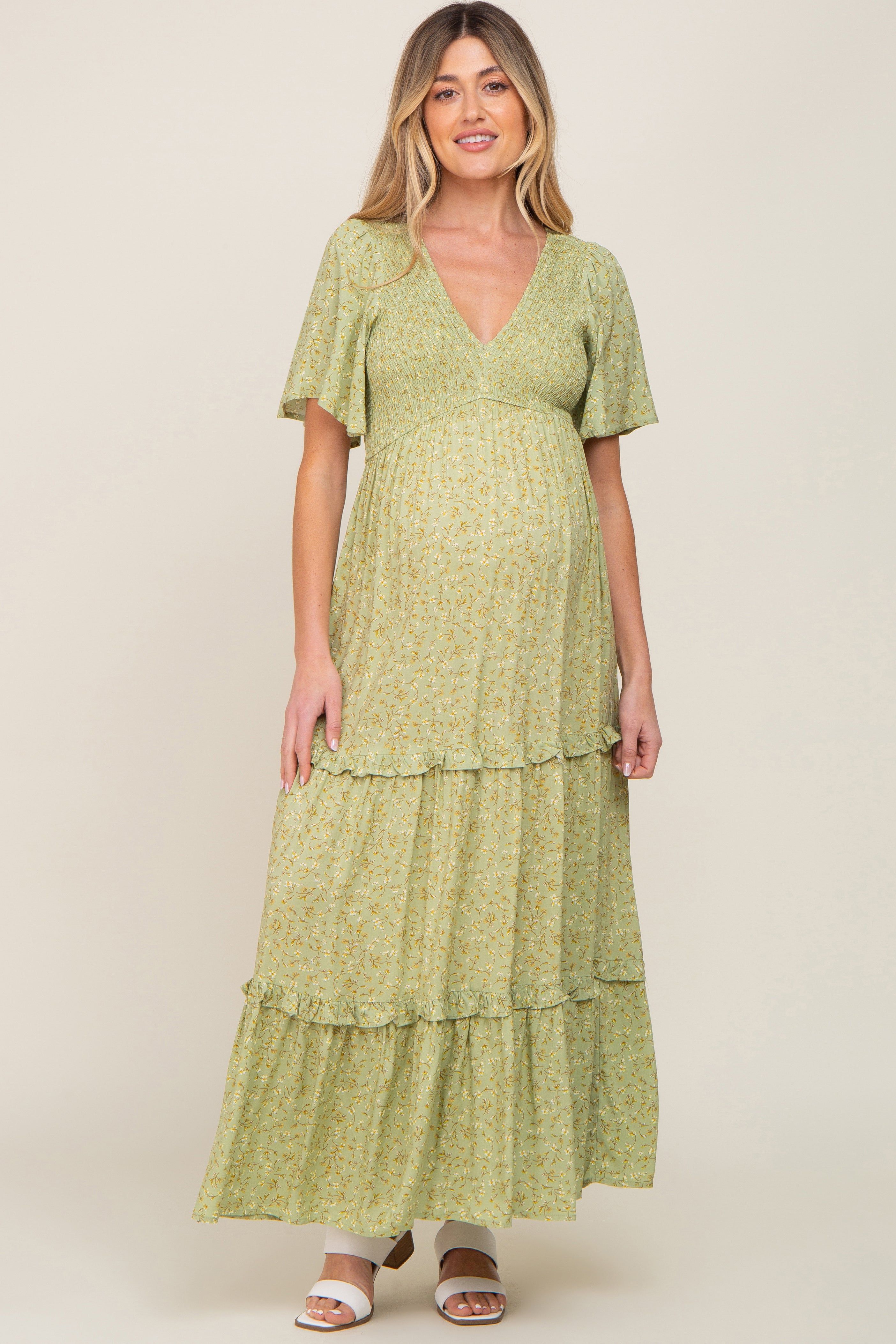Sage Floral Ruffle Accent Tiered Maternity Midi Dress sold by Pinkblush