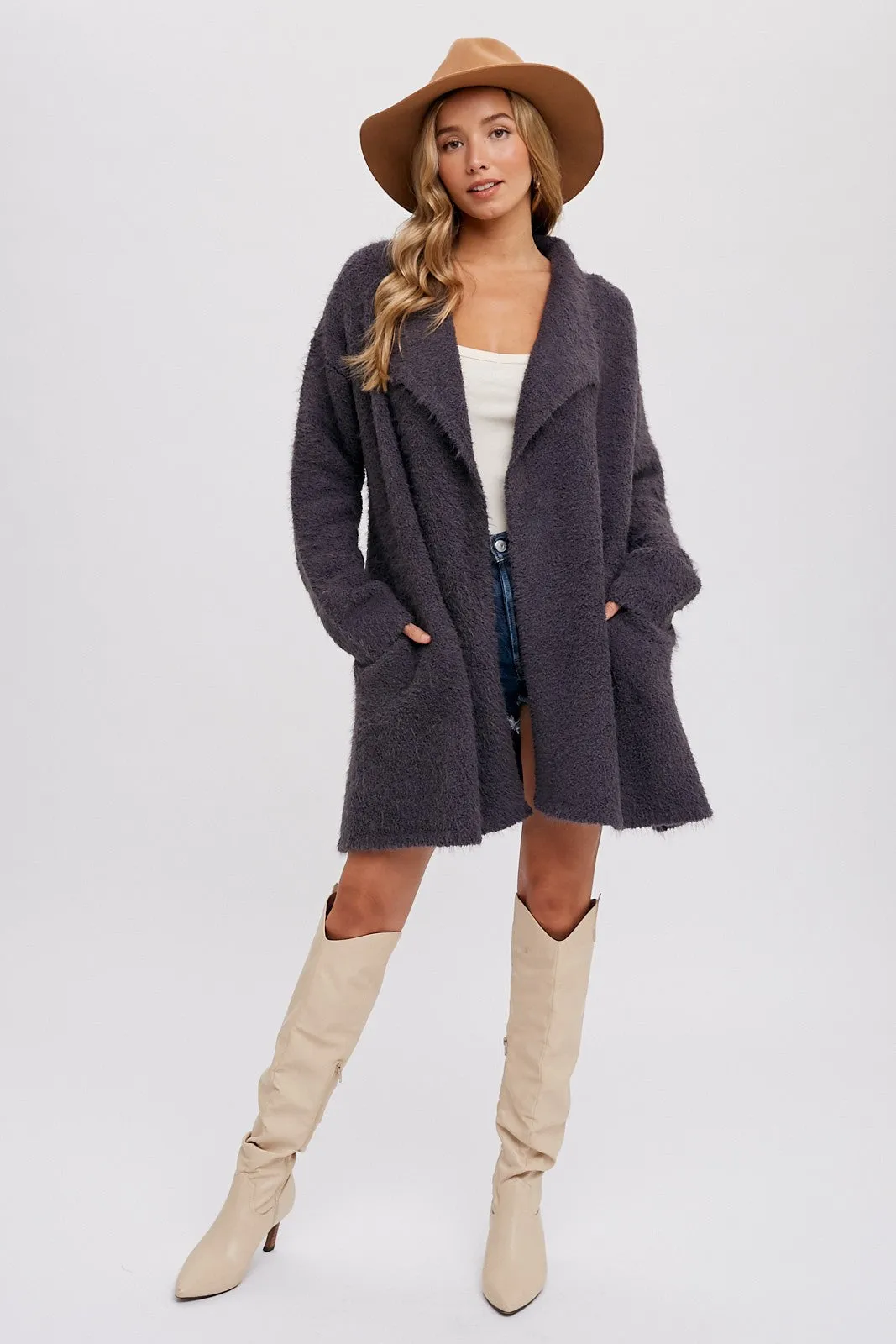 Charcoal Fuzzy Knit Draped Cardigan sold by Pinkblush product image thumbnail 2