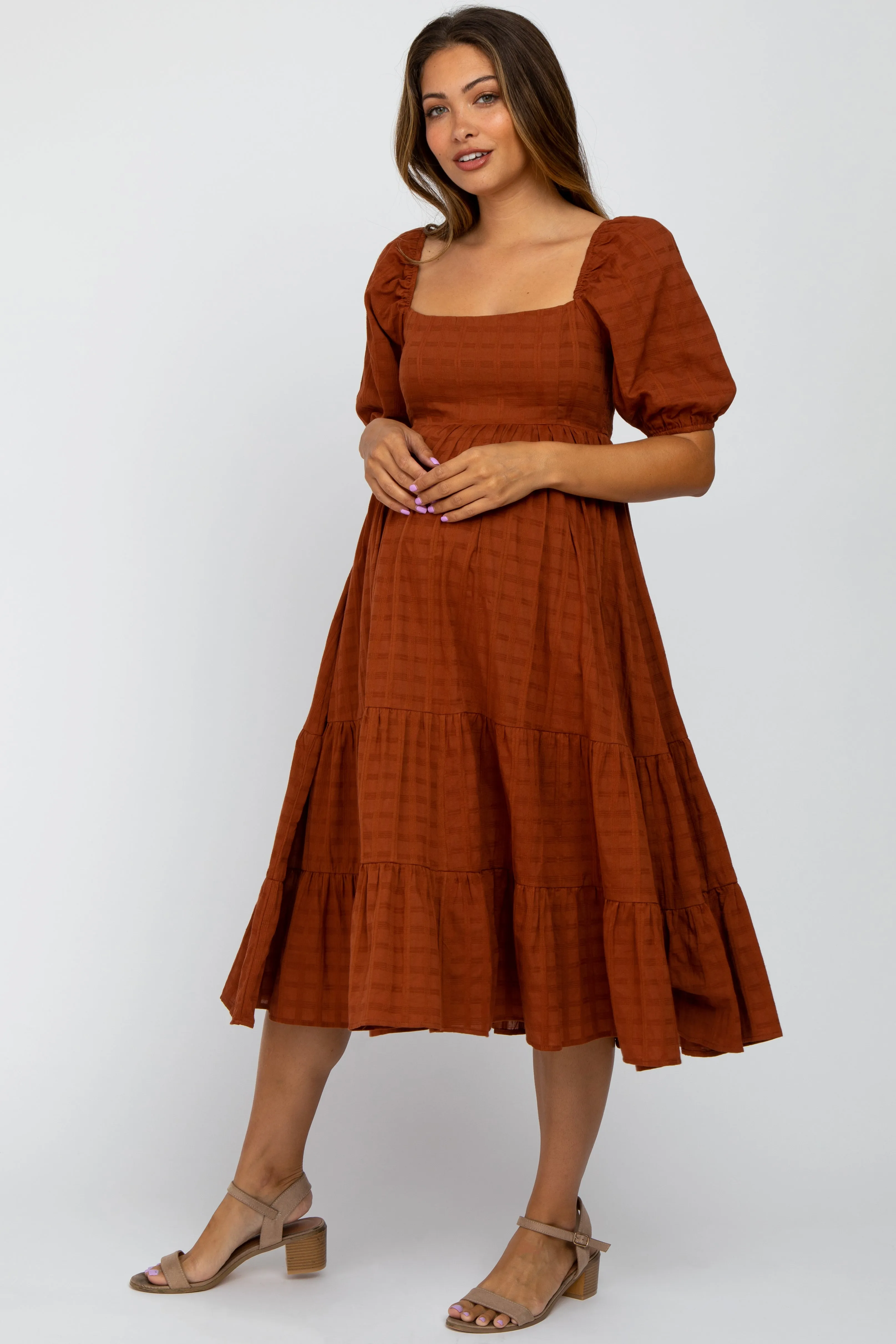 Rust Plaid Square Neck Maternity Midi Dress sold by Pinkblush product image thumbnail 2