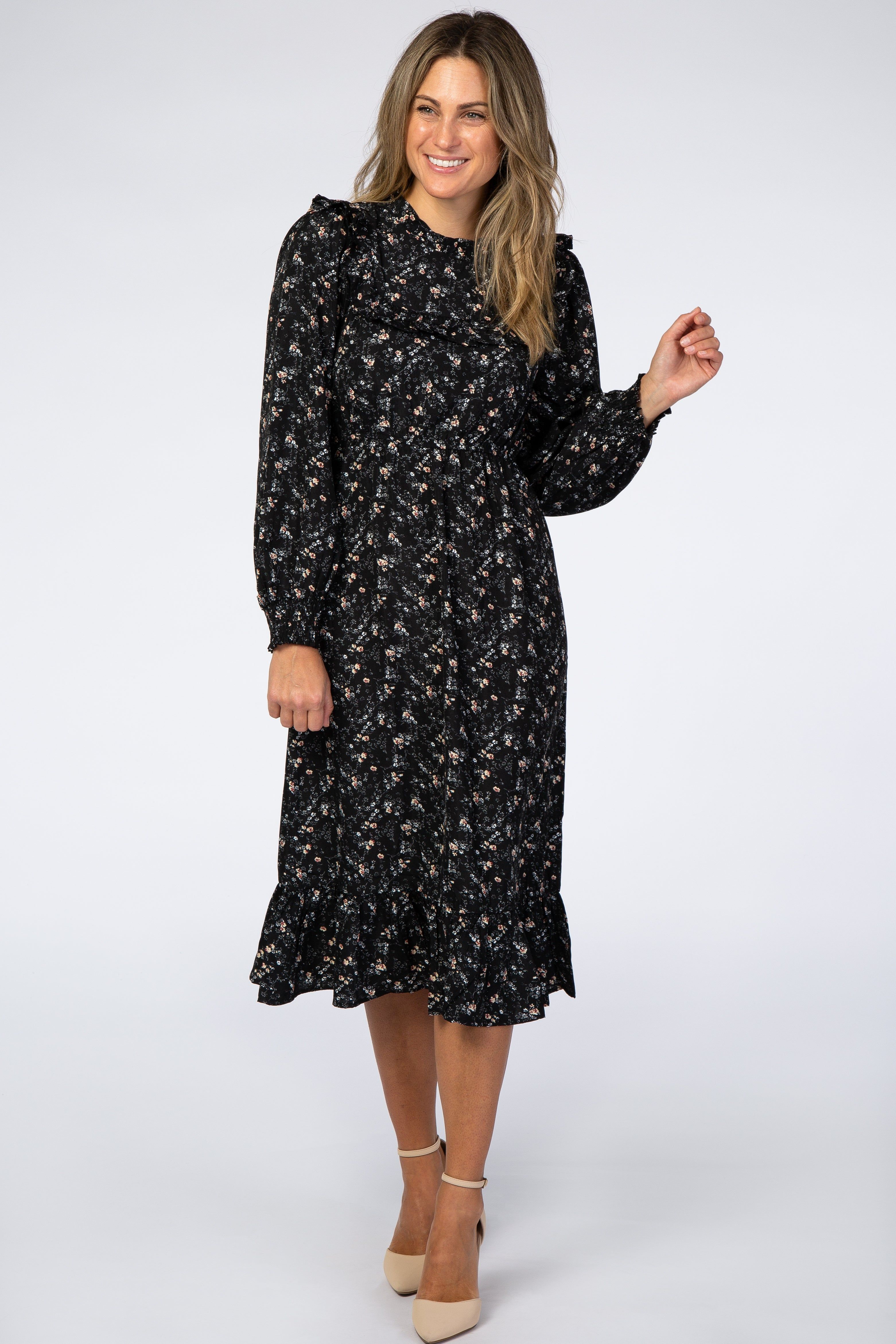 Black Floral Ruffle Long Sleeve Midi Dress sold by Pinkblush
