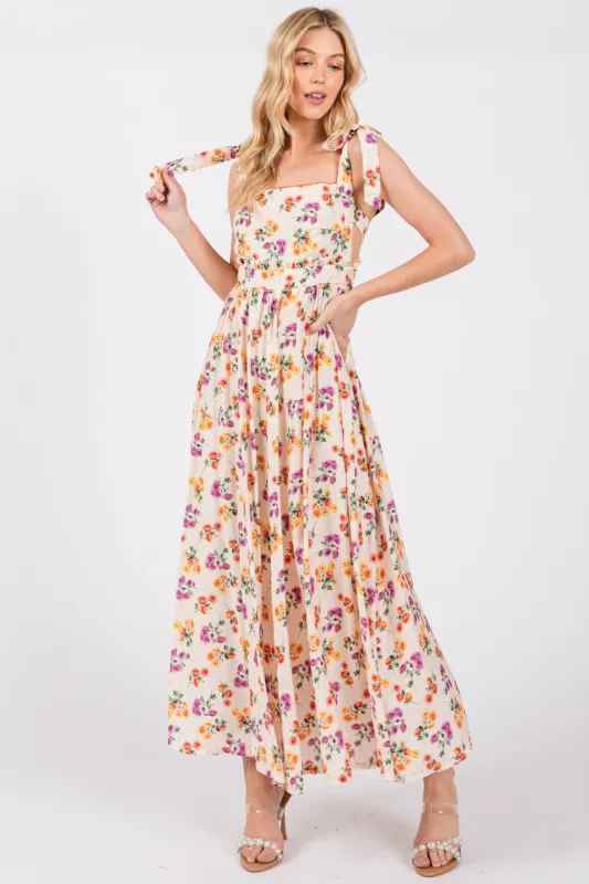 Cream Floral Open Back Midi Dress sold by Pinkblush