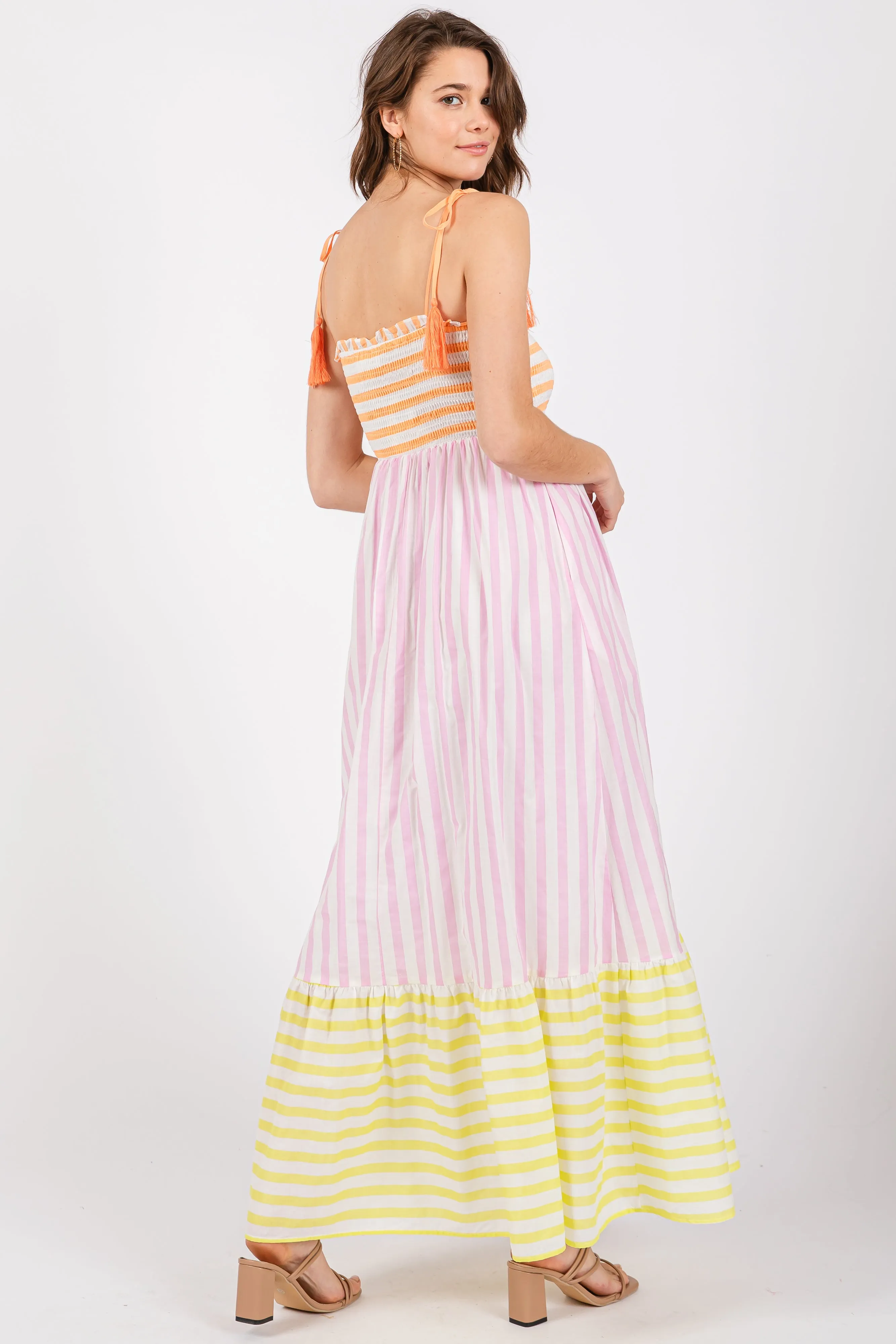 Multi-Color Striped Color Block Shoulder Tie Maxi Dress sold by Pinkblush product image thumbnail 3