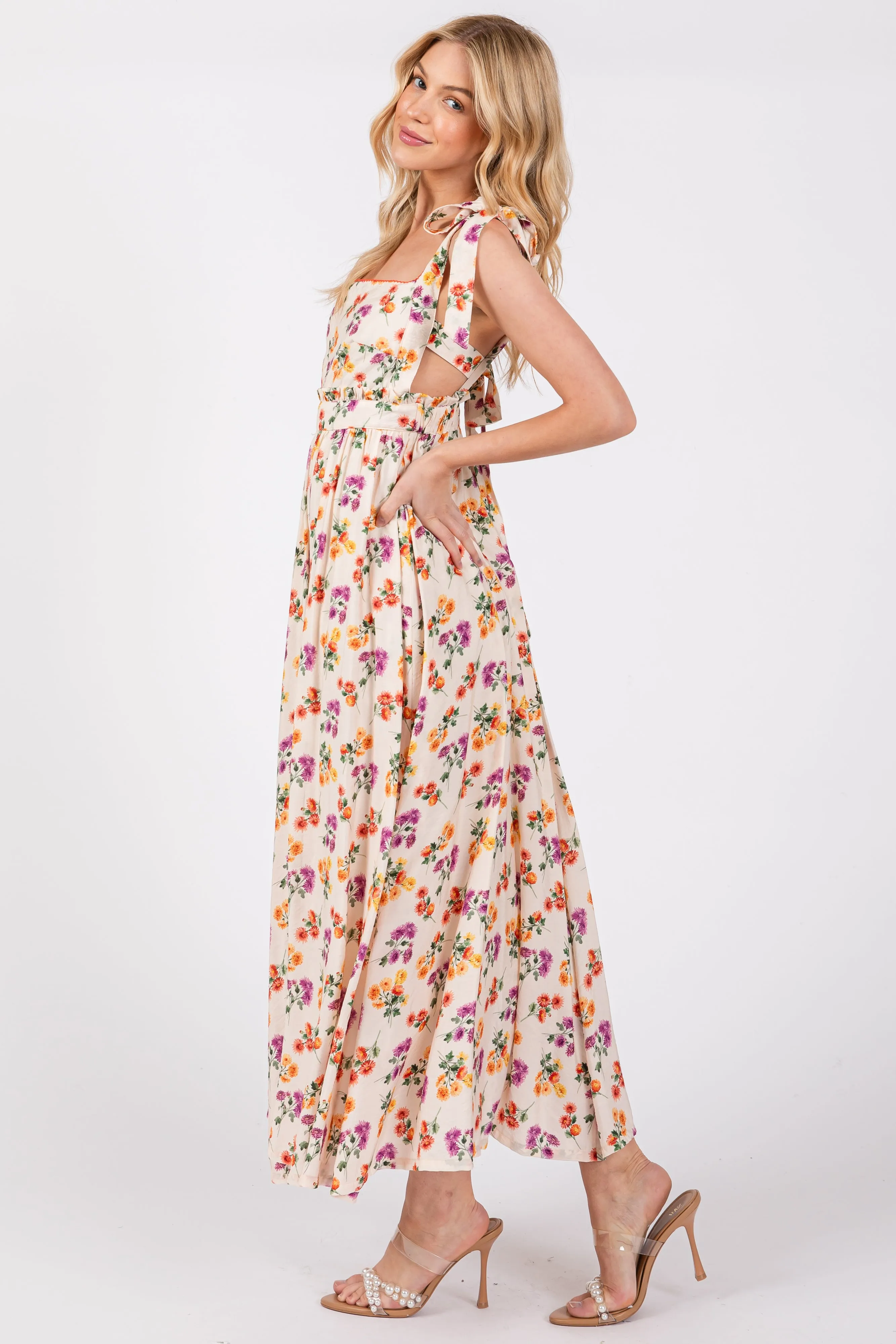 Cream Floral Open Back Midi Dress sold by Pinkblush product image thumbnail 2