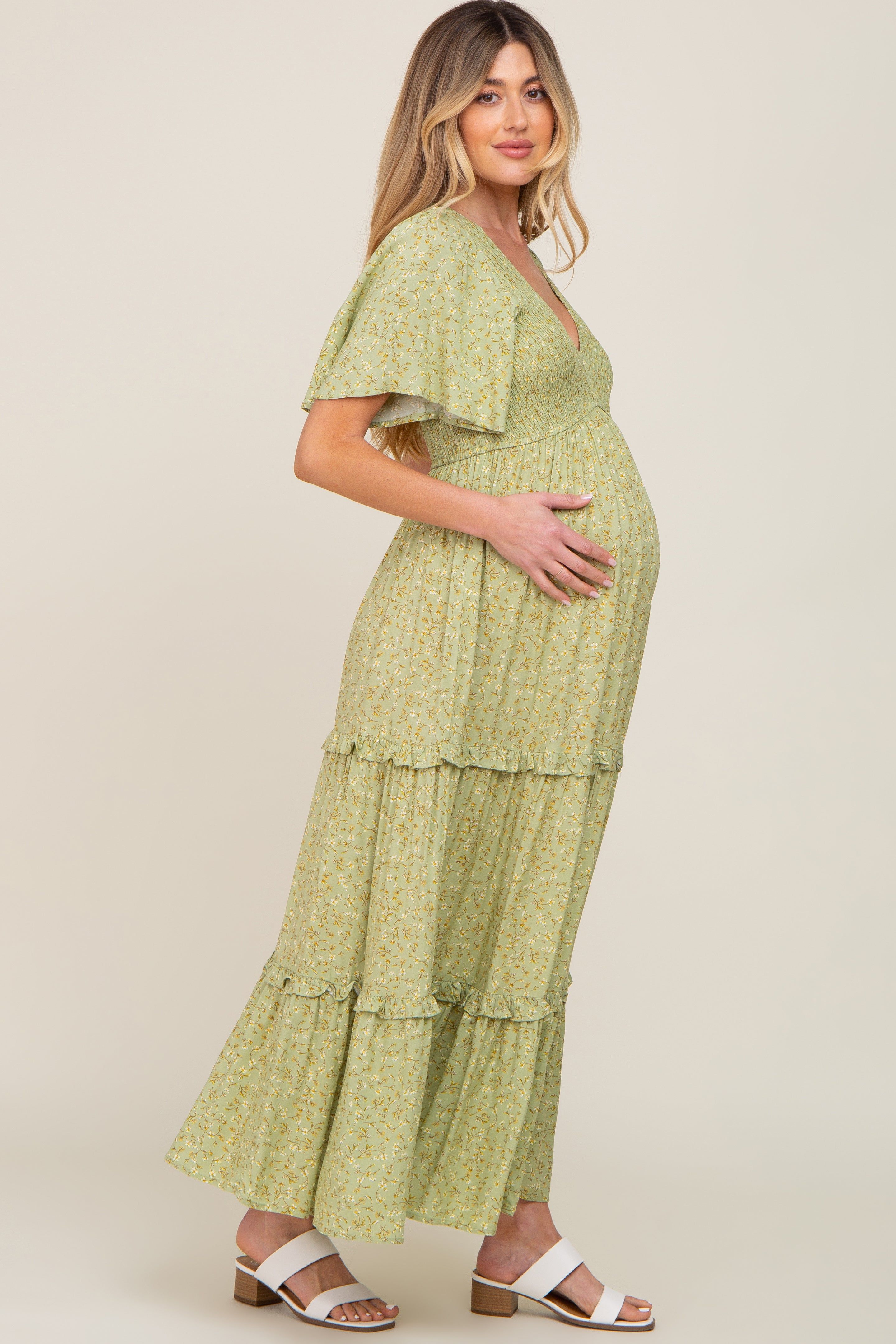 Sage Floral Ruffle Accent Tiered Maternity Midi Dress sold by Pinkblush product image thumbnail 2