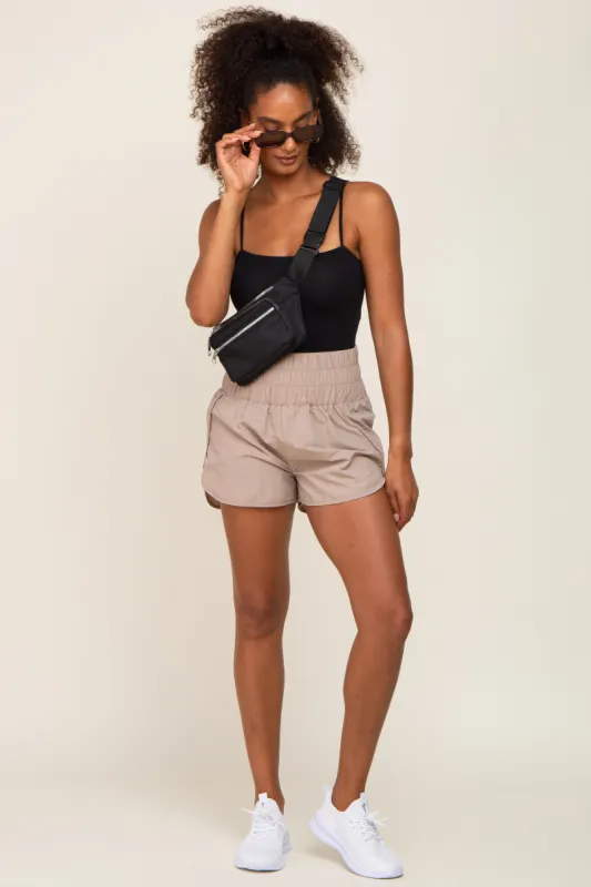 Taupe Curved Hem Active Shorts sold by Pinkblush