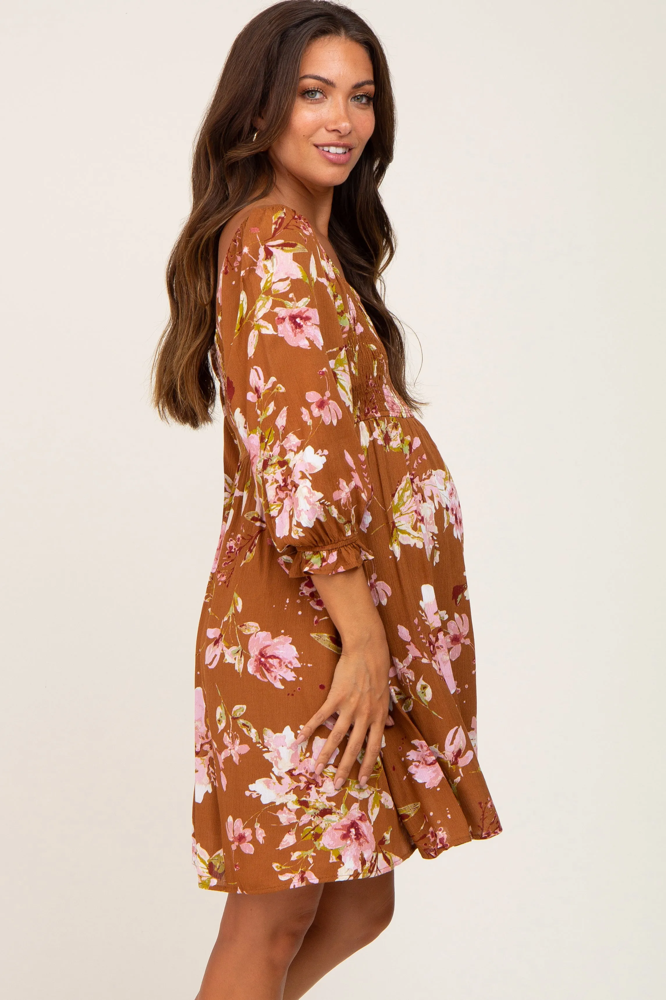 Camel Floral Smocked Maternity Dress sold by Pinkblush product image thumbnail 2