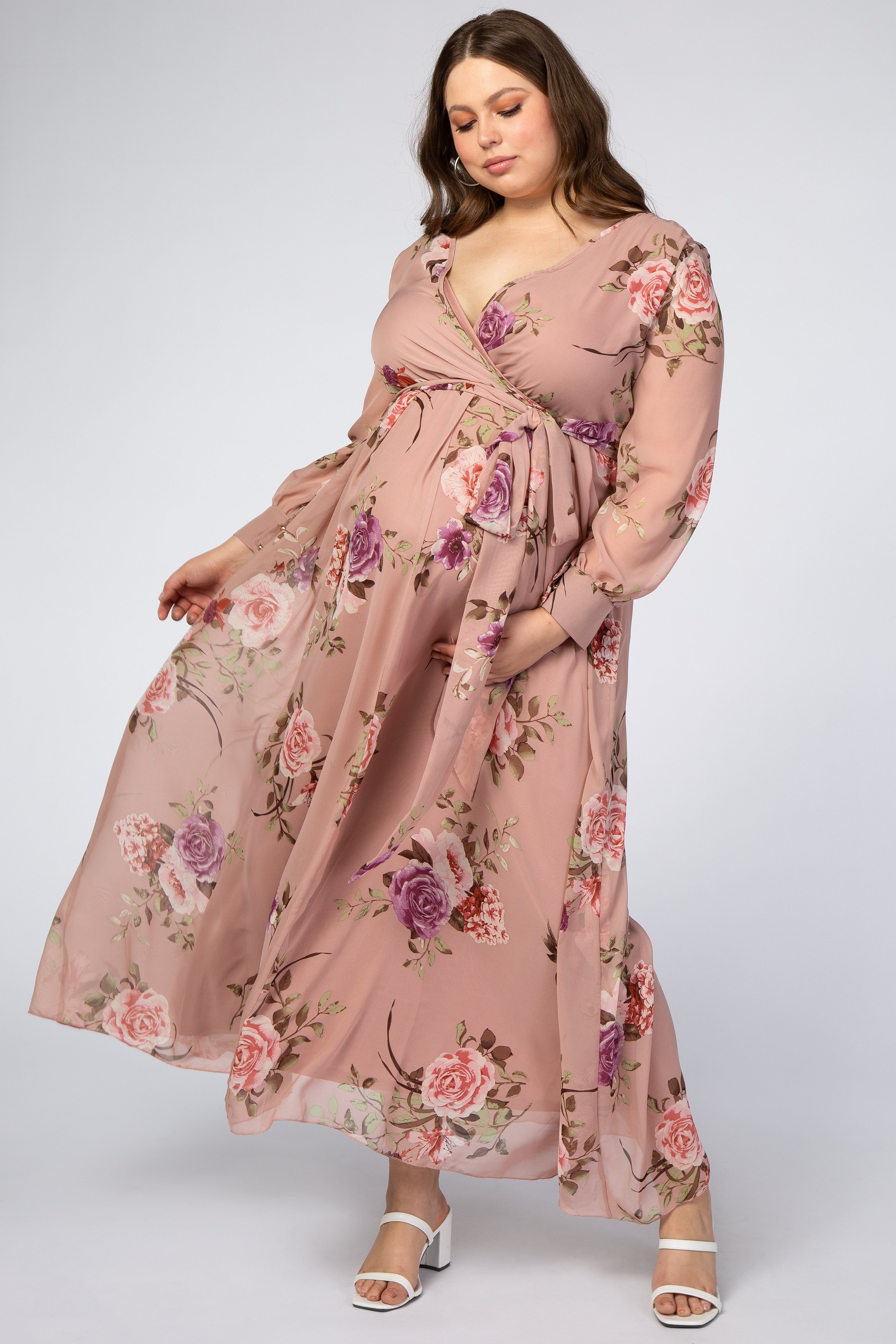 Pink Floral Chiffon Maternity Plus Maxi Dress sold by Pinkblush product image thumbnail 4