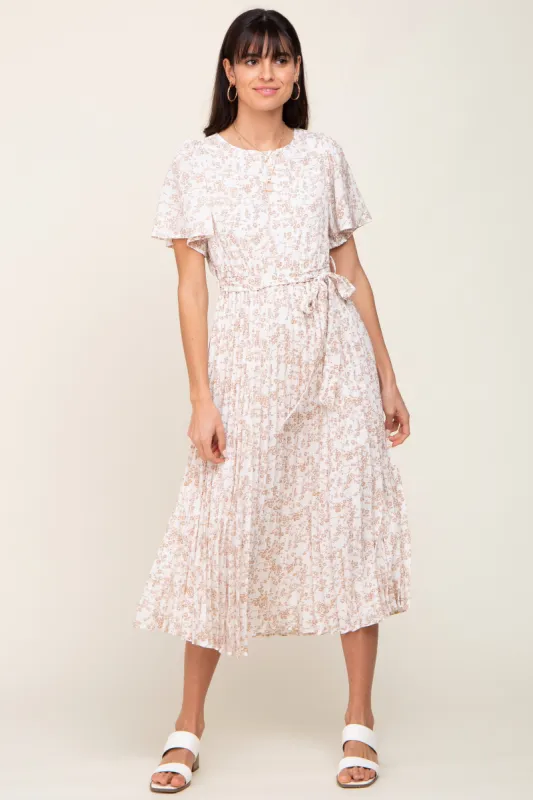 Ivory Floral Pleated Midi Dress sold by Pinkblush