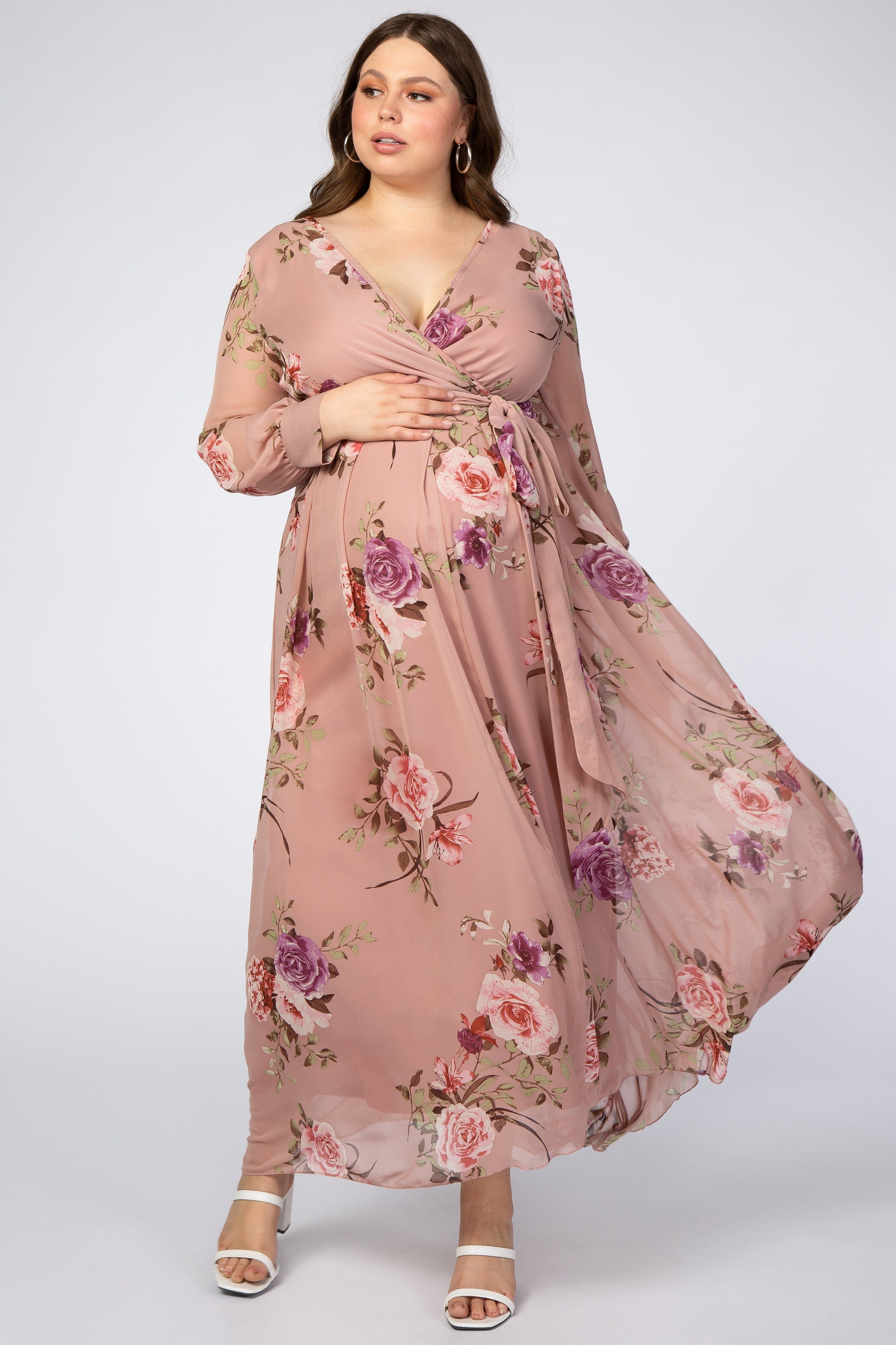 Pink Floral Chiffon Maternity Plus Maxi Dress sold by Pinkblush
