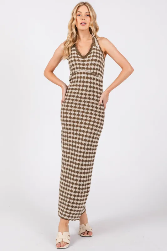 Olive Crochet Knit Ruffle Strap Midi Dress sold by Pinkblush