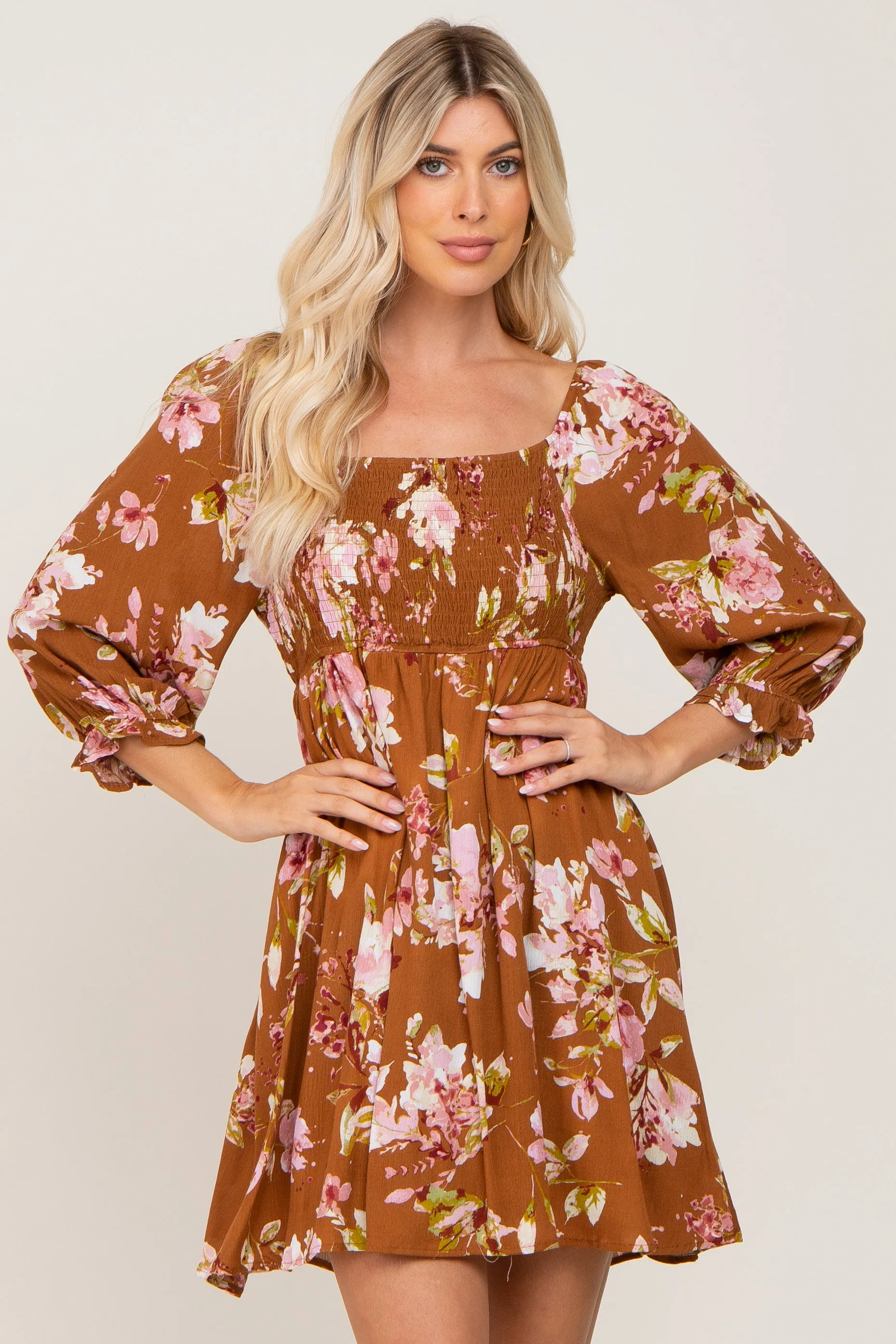Camel Floral Smocked Maternity Dress sold by Pinkblush product image thumbnail 5