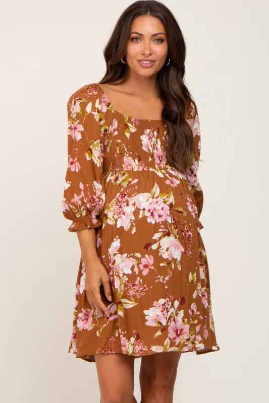 Camel Floral Smocked Maternity Dress sold by Pinkblush