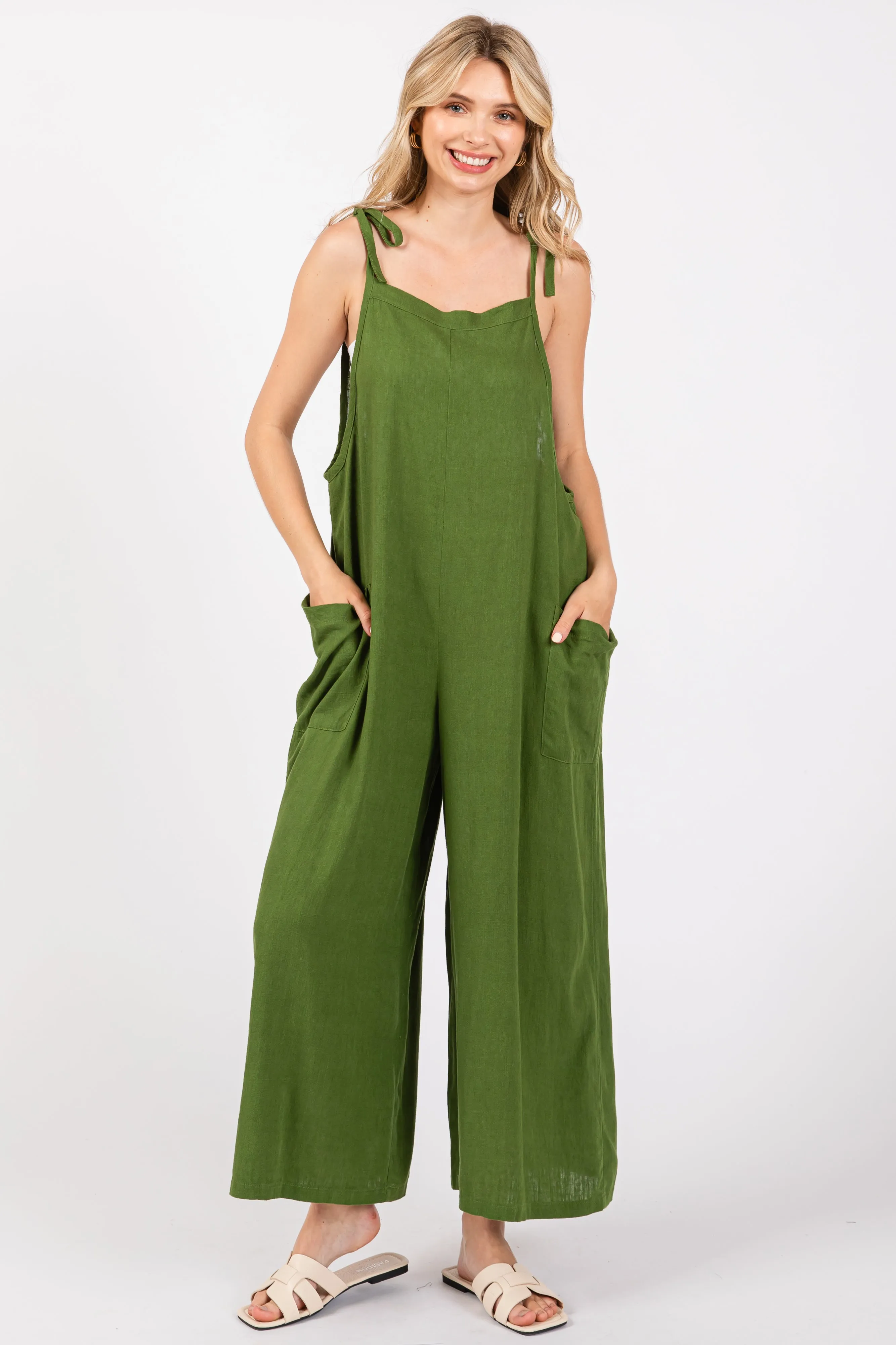 Green Linen Shoulder Tie Maternity Jumpsuit sold by Pinkblush product image thumbnail 5
