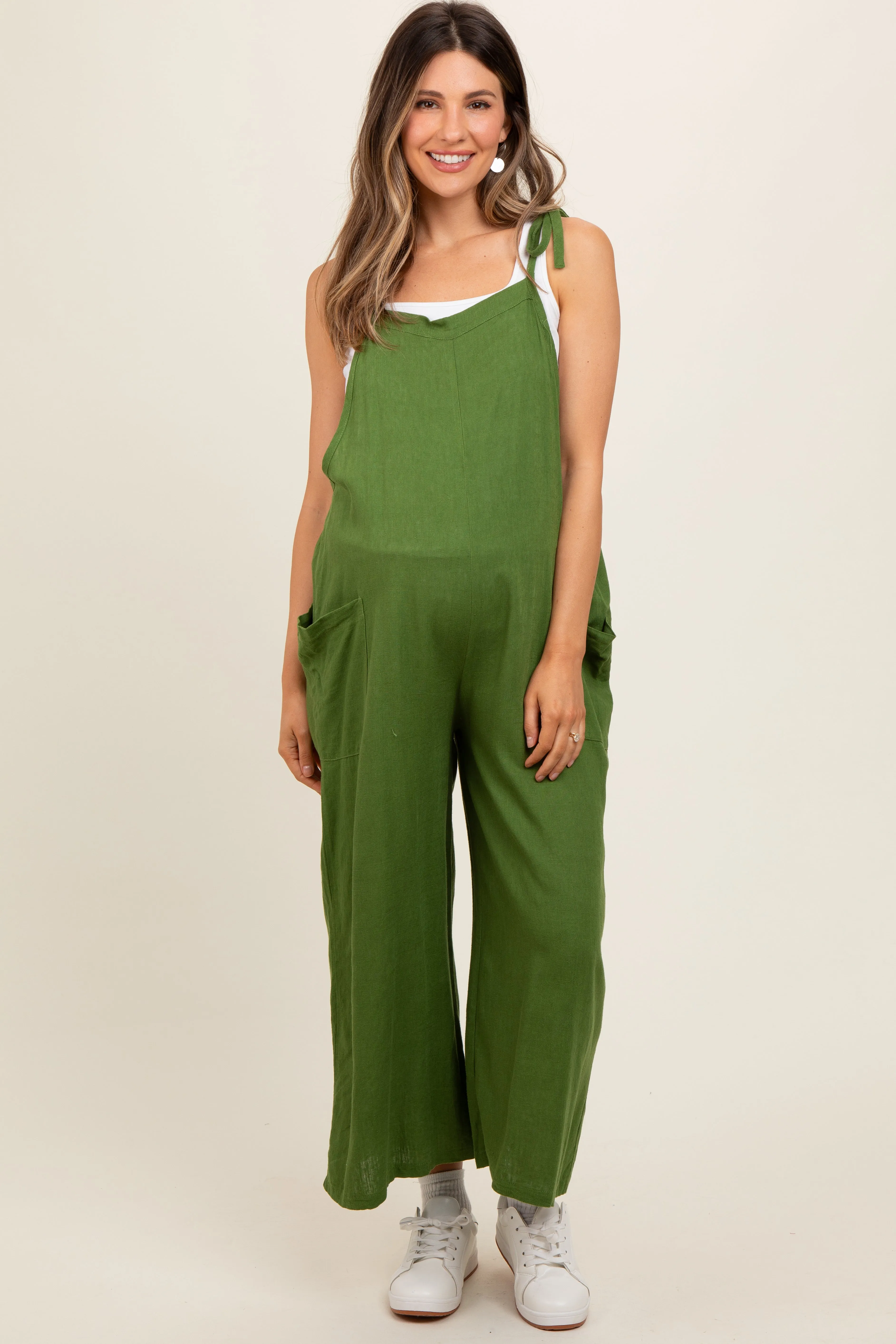 Green Linen Shoulder Tie Maternity Jumpsuit sold by Pinkblush product image thumbnail 2