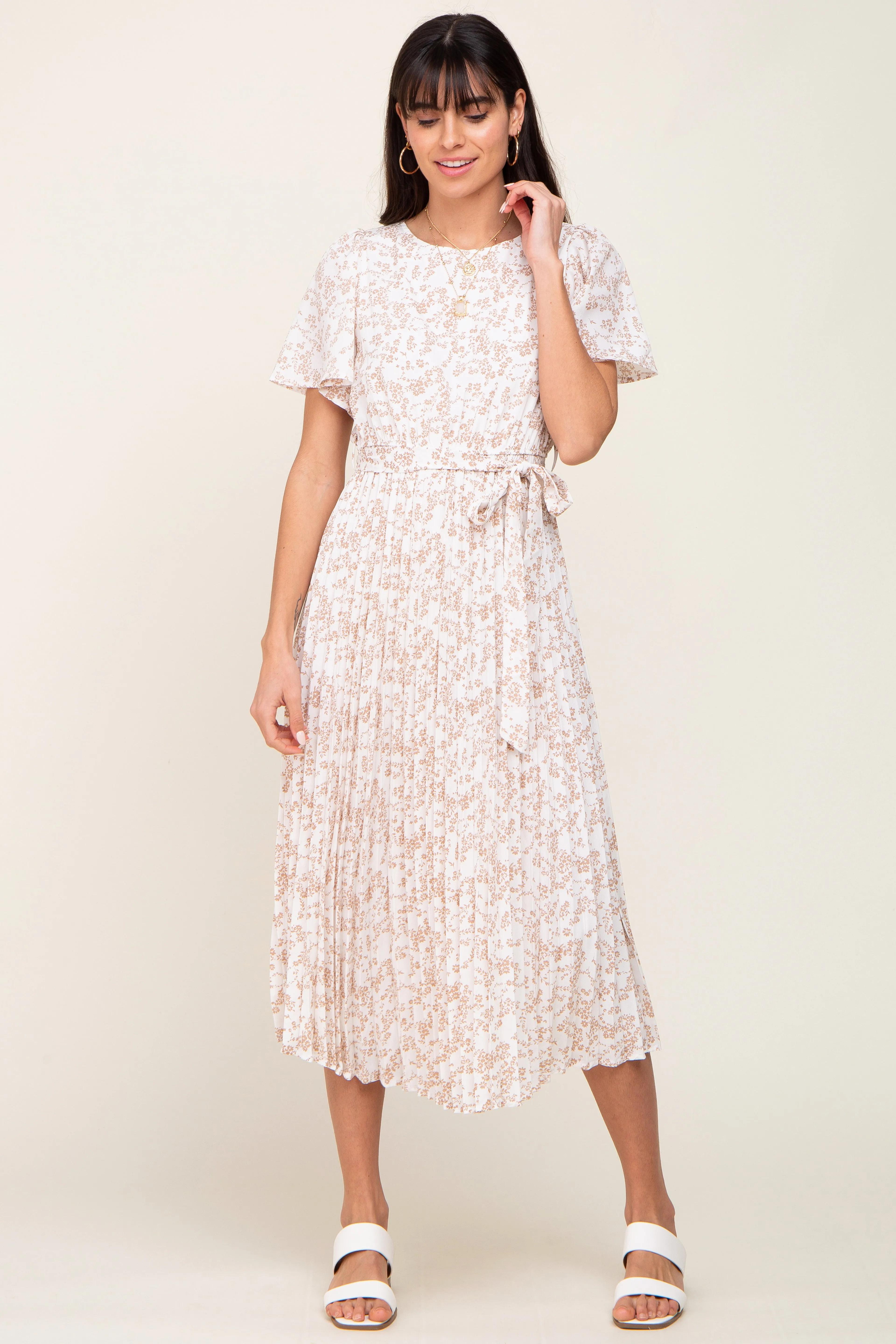 Ivory Floral Pleated Midi Dress sold by Pinkblush product image thumbnail 5