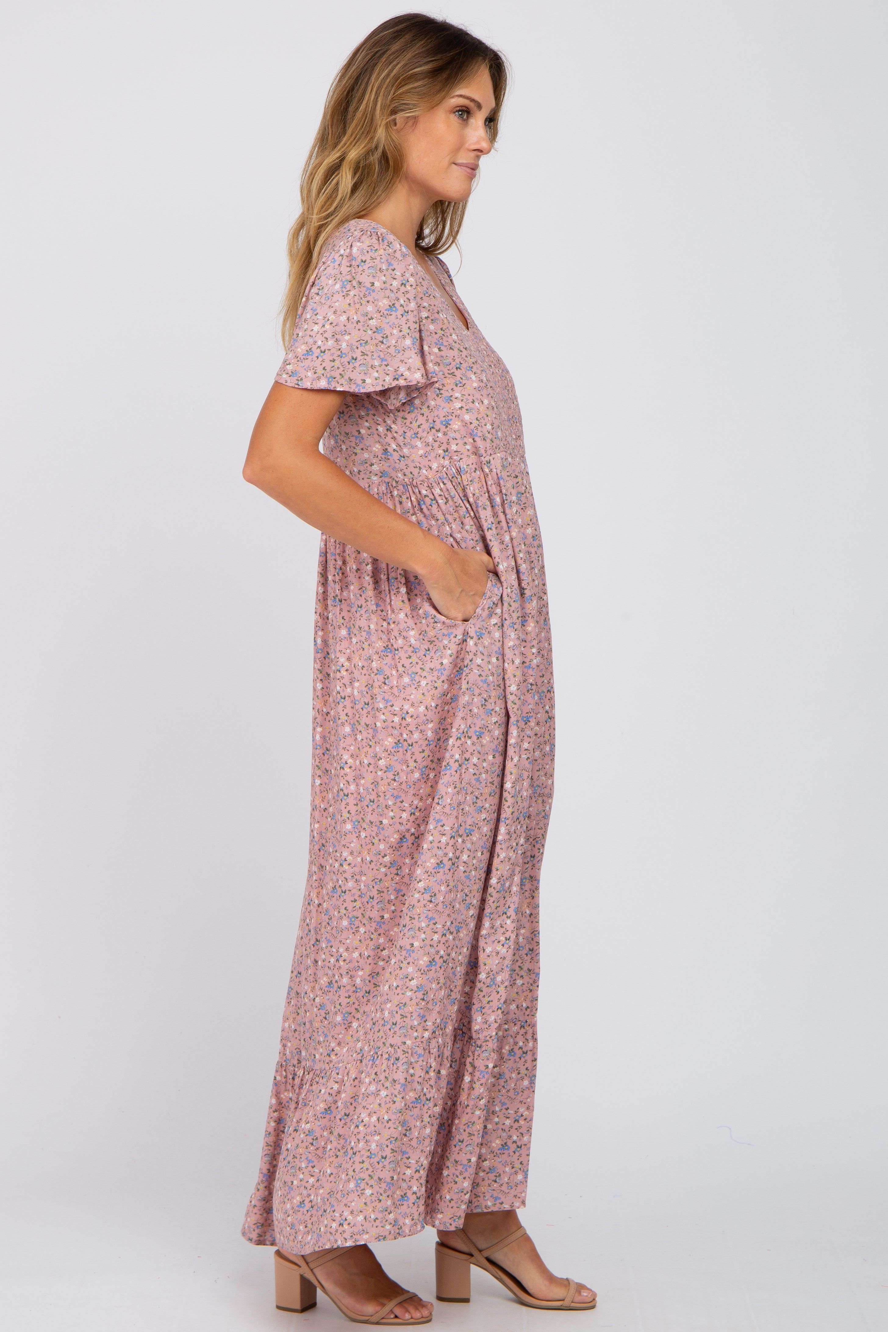 Pink Floral Smocked Front Ruffle Hem Maxi Dress sold by Pinkblush product image thumbnail 2